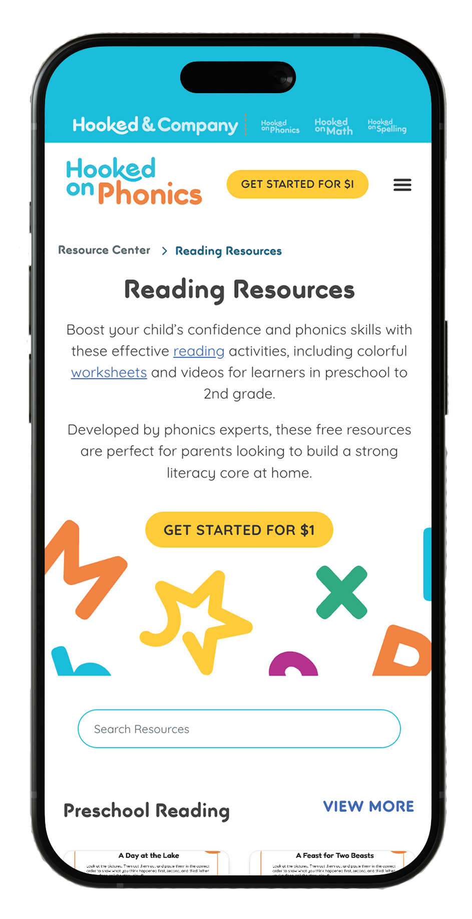 Mobile phone screen displays the "Hooked on Phonics" website's reading resources page, with colorful illustrations, a search bar, and options to start learning at different levels.