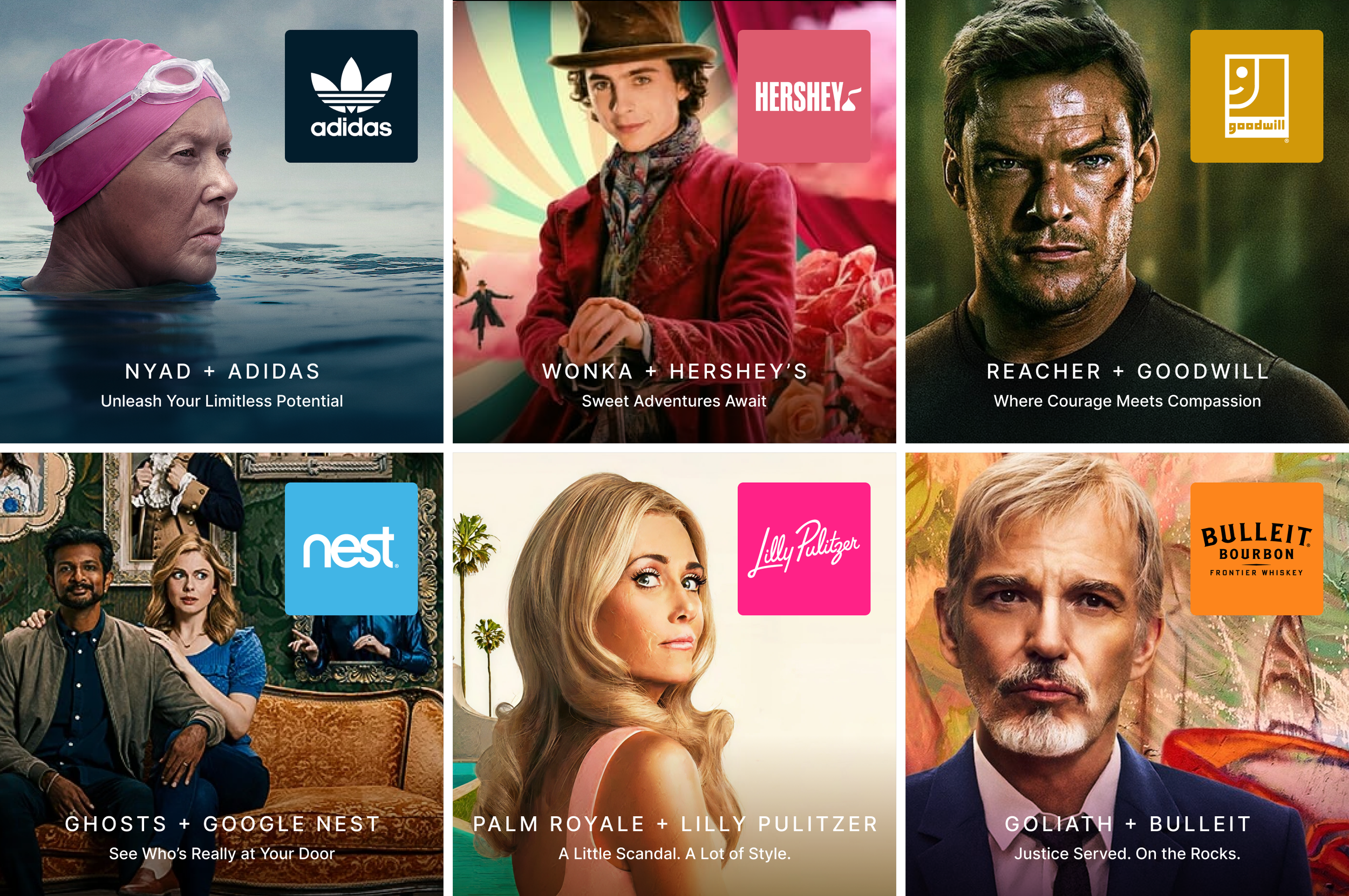 Grid of six co-marketing campaign visuals featuring TV show characters paired with brand logos.