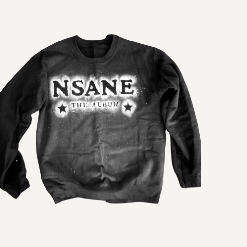 Black sweatshirt with white text and stars, reading "INSANE THE ALBUM."