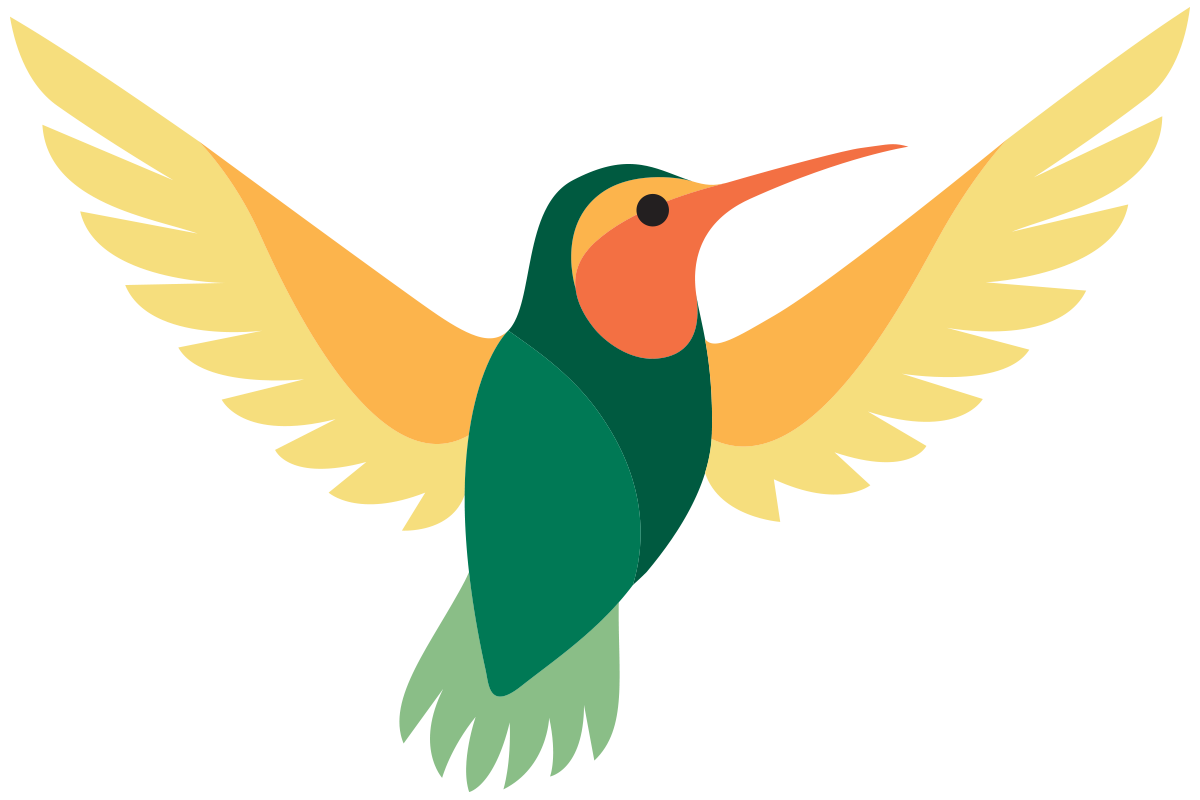 A colorful illustration of a hummingbird with yellow wings, a green body, an orange face, and a long beak.