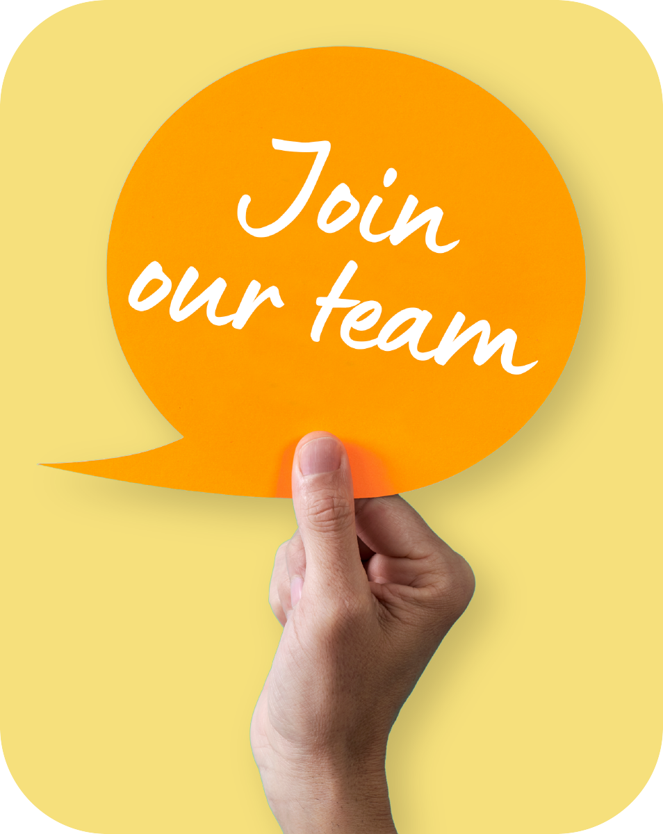 A hand holding an orange speech bubble saying 'Join our team' against a light yellow background.