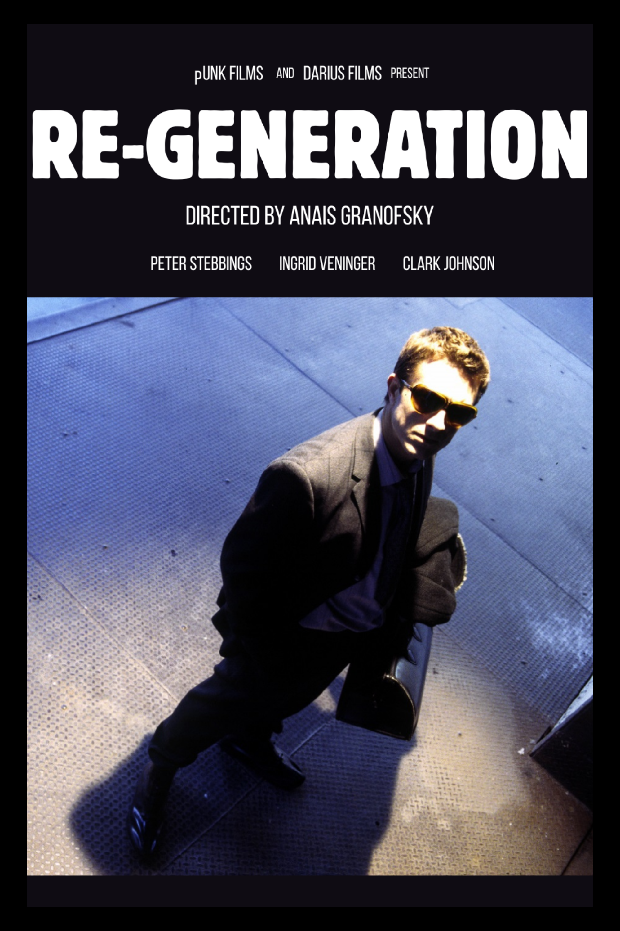 Movie poster for Re-Generation with a man in sunglasses carrying a briefcase, standing on a textured surface.