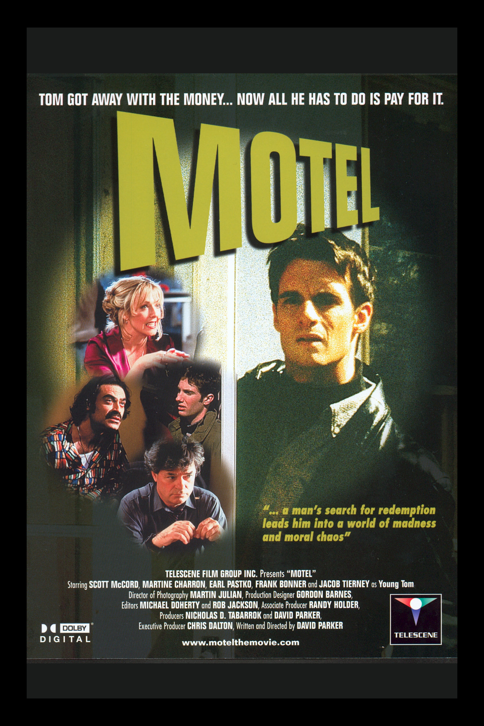 Movie poster for 'Motel' with large title and images of characters, including a man with dark hair and serious expression, a woman with blonde hair, and other characters with varied expressions. Includes text about the film's plot and credits.