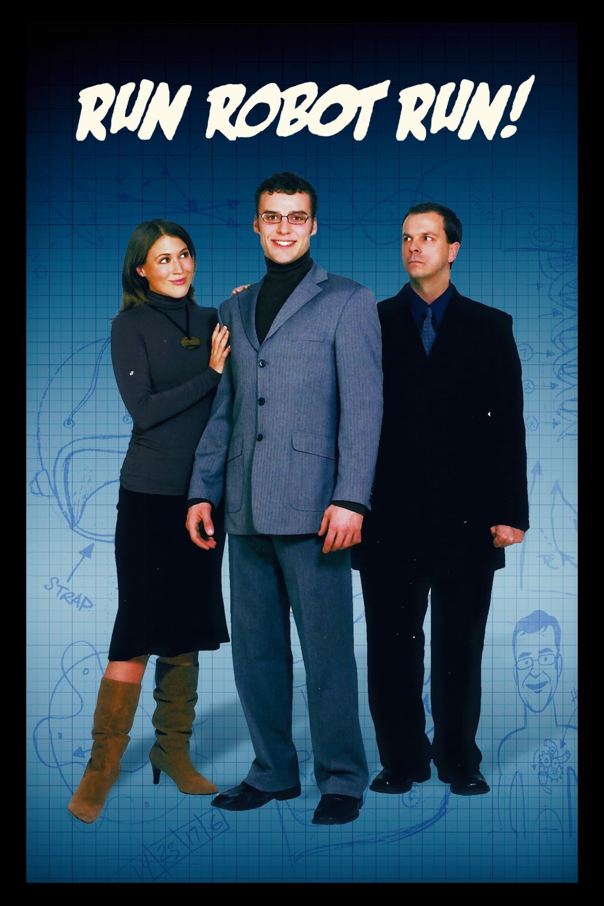 Movie poster for 'Run Robot Run' featuring three people standing in front of a background with scientific sketches and diagrams, including a woman's face, a helmet, clocks, and mathematical formulas. The title is in large red letters at the top.