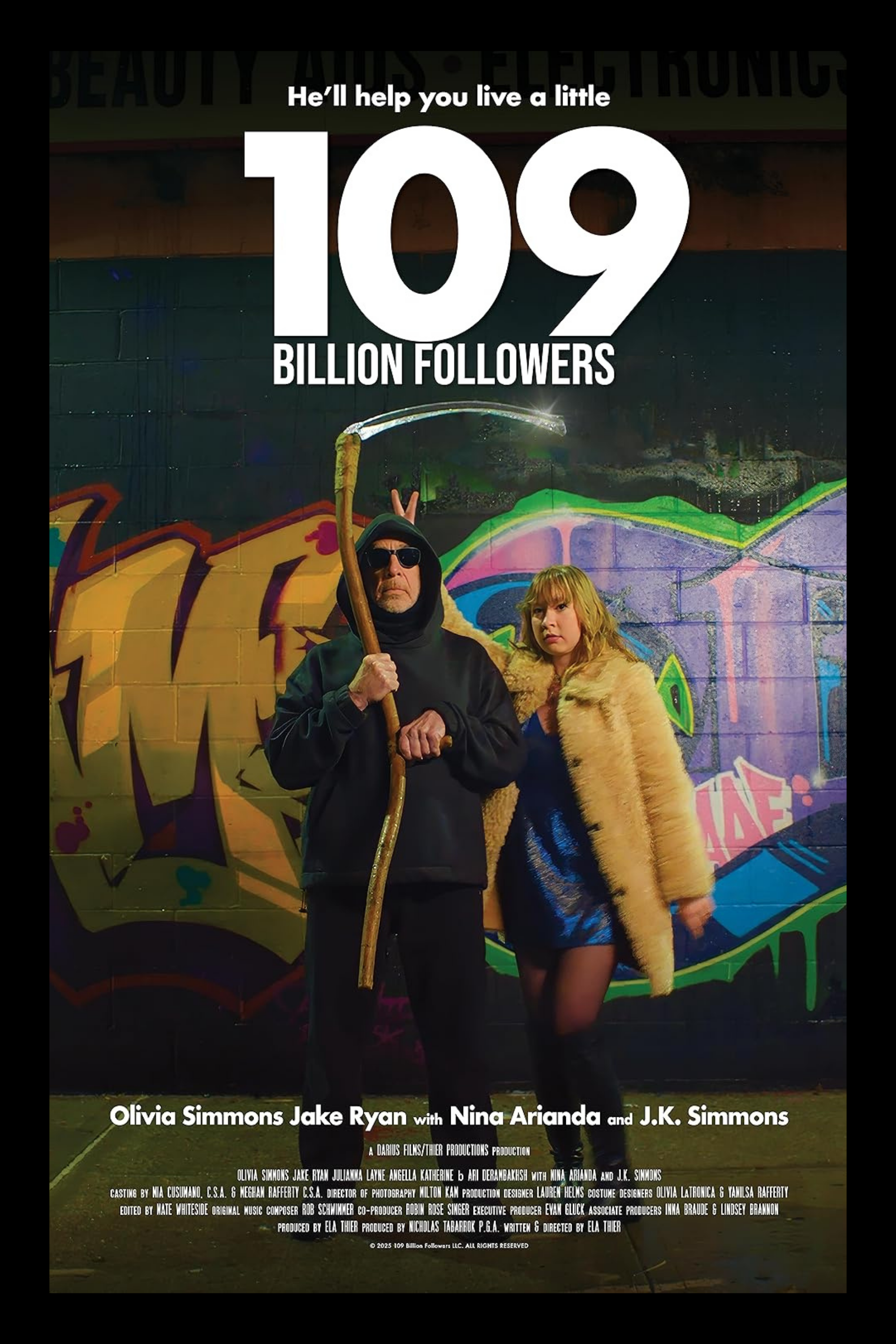 Promotional movie poster for '109 Billion Followers' featuring two people standing in front of colorful graffiti wall, one dressed as a grim reaper holding a scythe, and a woman in a fur coat and dark dress.