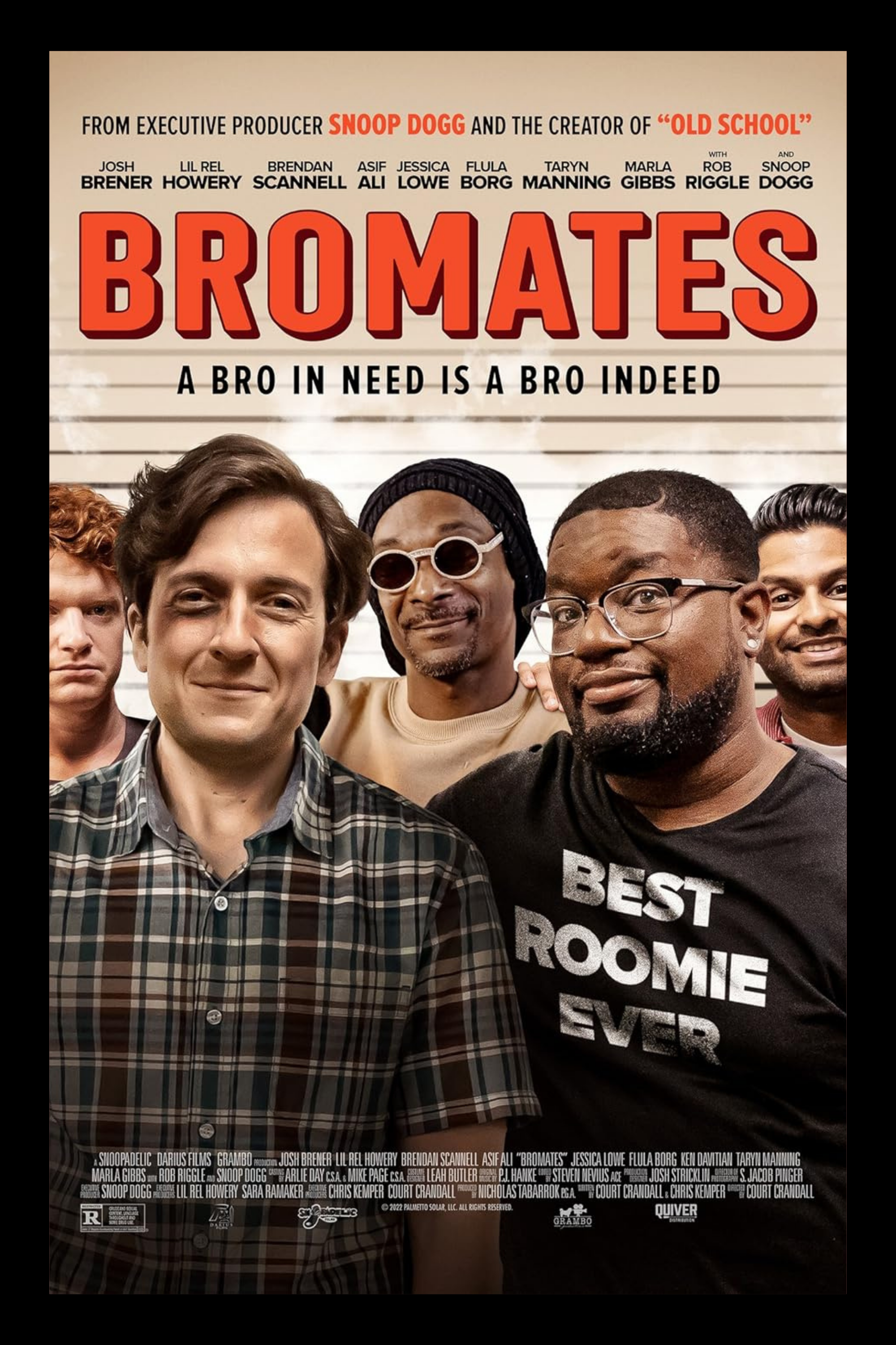 Movie poster for "Bromates" featuring five diverse men, one wearing a plaid shirt, another with glasses and a shaved head, and one wearing a T-shirt that says "Best Roomie Ever." The background resembles a police lineup with height lines.