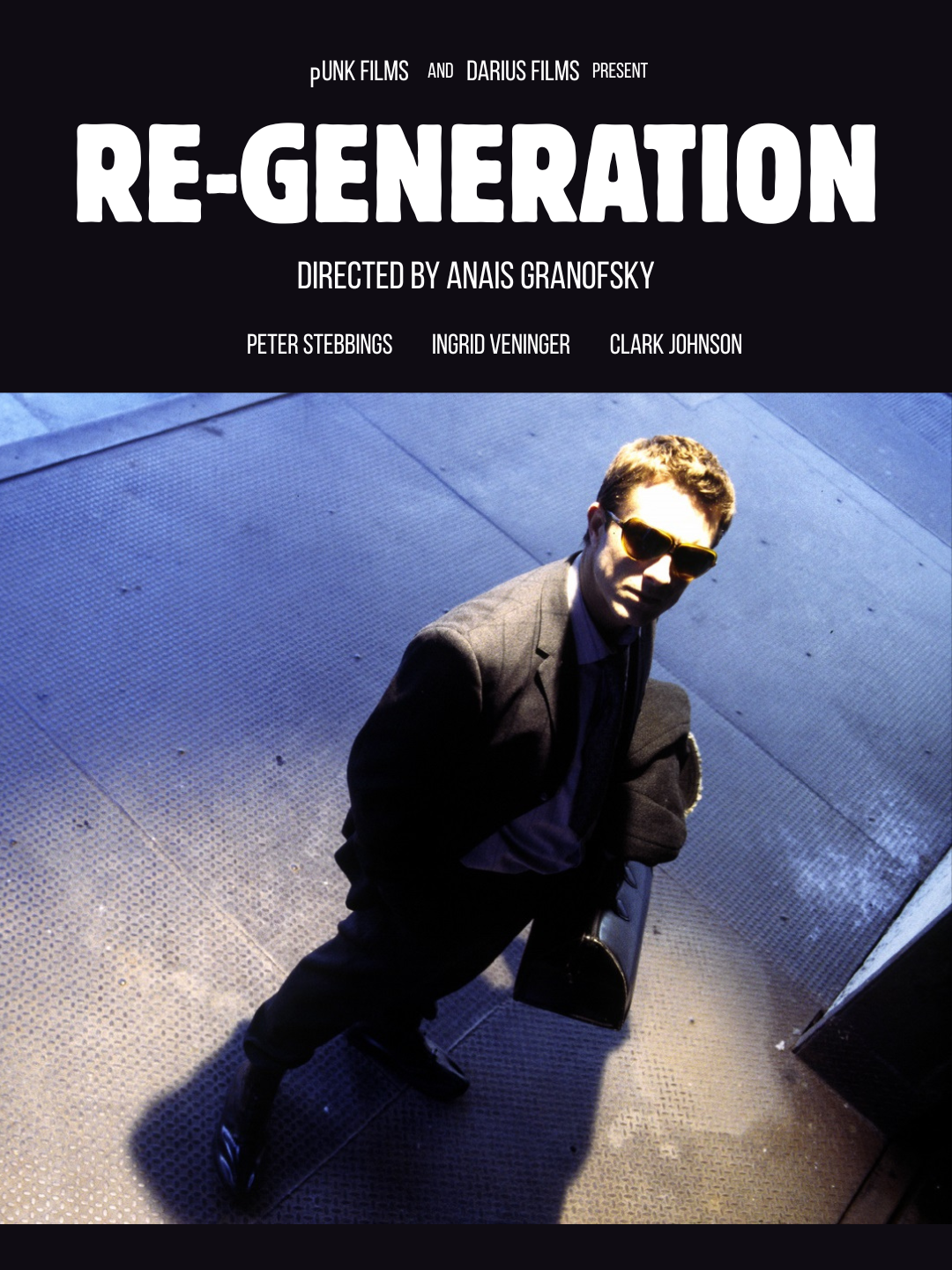 Movie poster for Re-Generation with a man in sunglasses carrying a briefcase, standing on a textured surface.