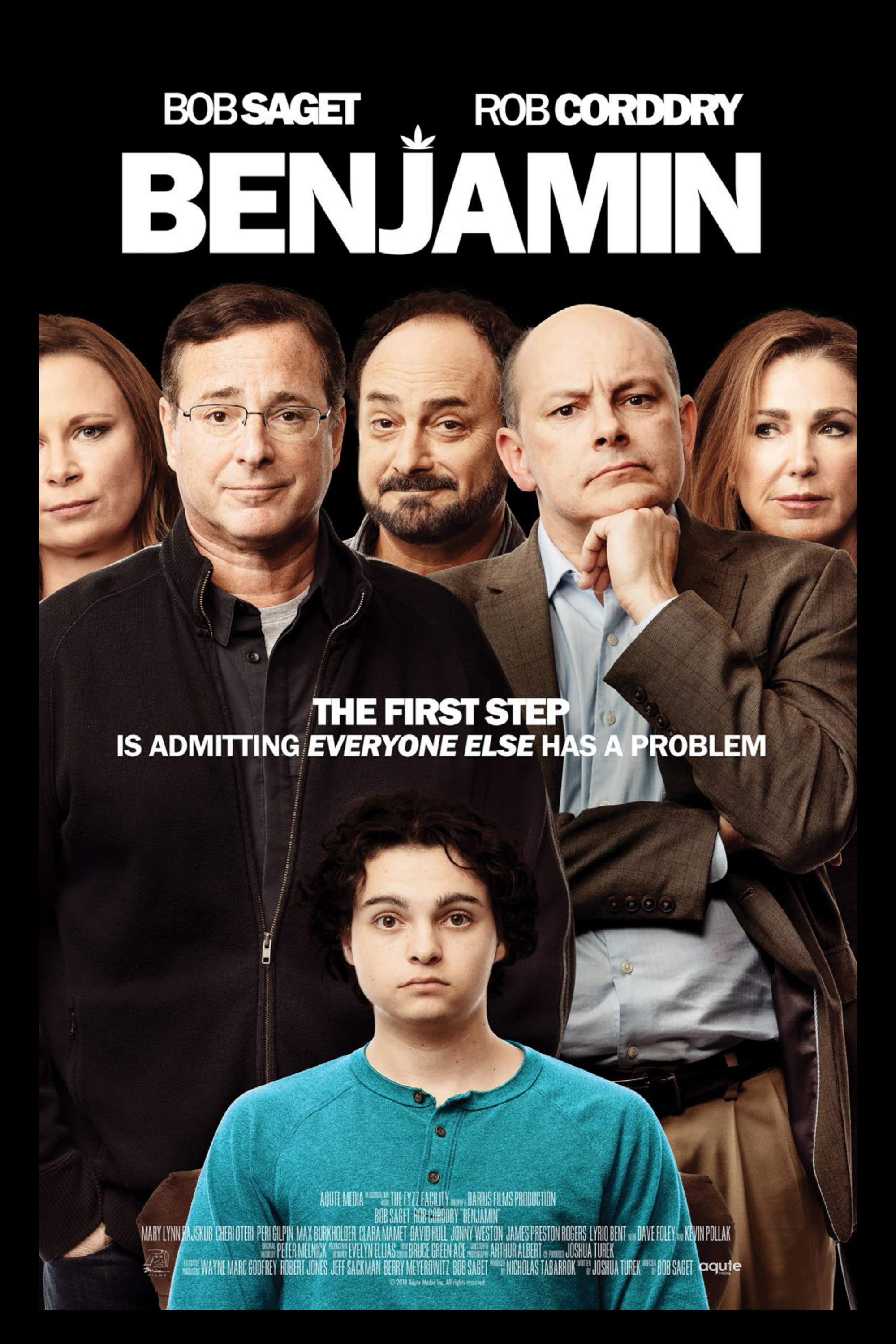 Movie poster for 'Benjamin' showing five adults in the background and a young boy in the foreground, with the tagline 'The first step is admitting everyone else has a problem'.