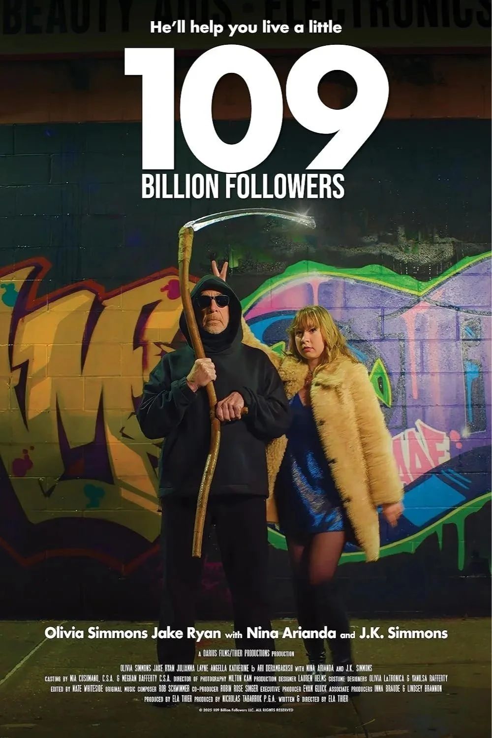 Promotional movie poster for '109 Billion Followers' featuring two people standing in front of colorful graffiti wall, one dressed as a grim reaper holding a scythe, and a woman in a fur coat and dark dress.