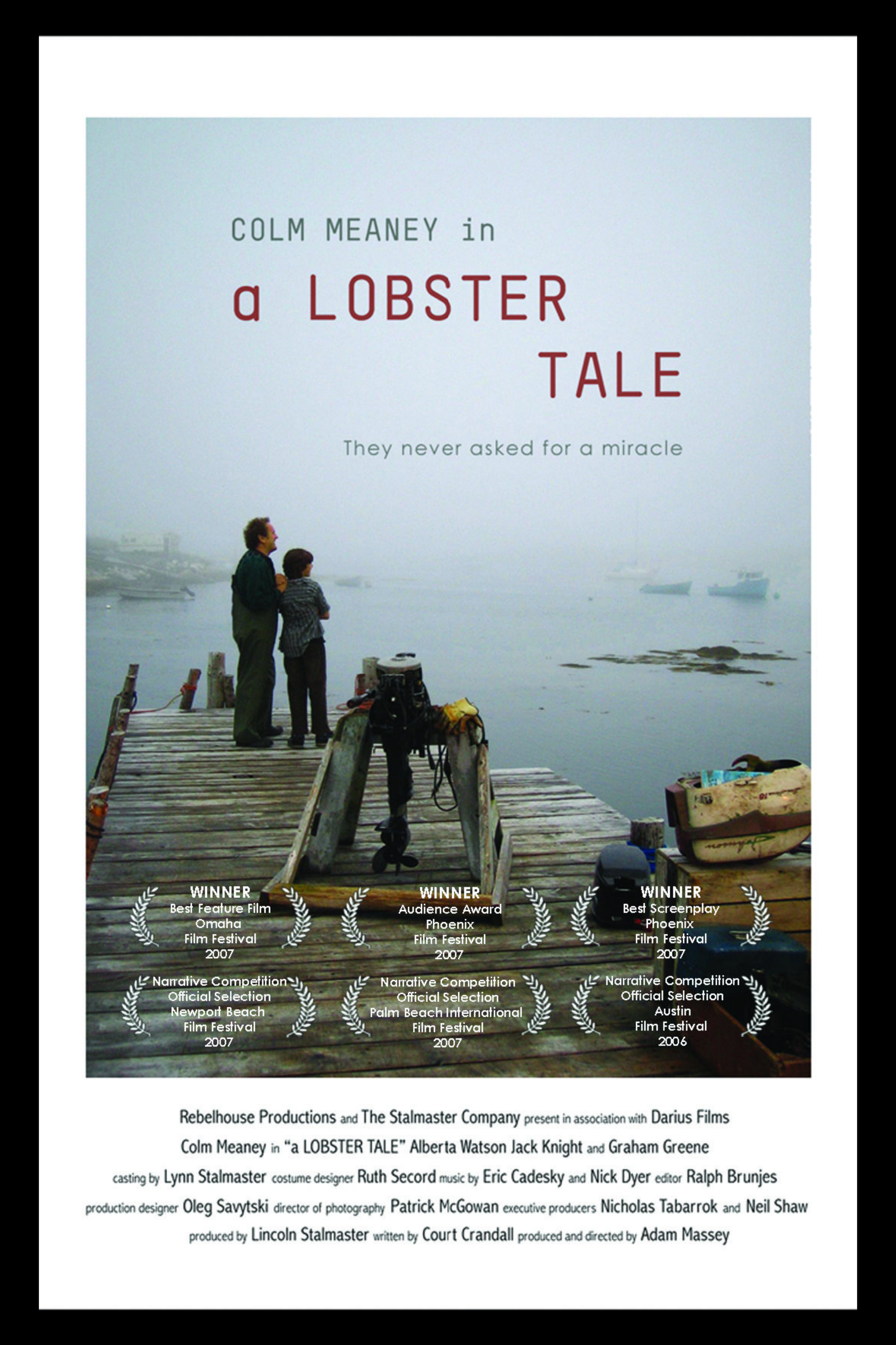 Poster for the film "A Lobster Tale" featuring two people standing on a pier looking at a foggy harbor with boats, with awards listed at the bottom.
