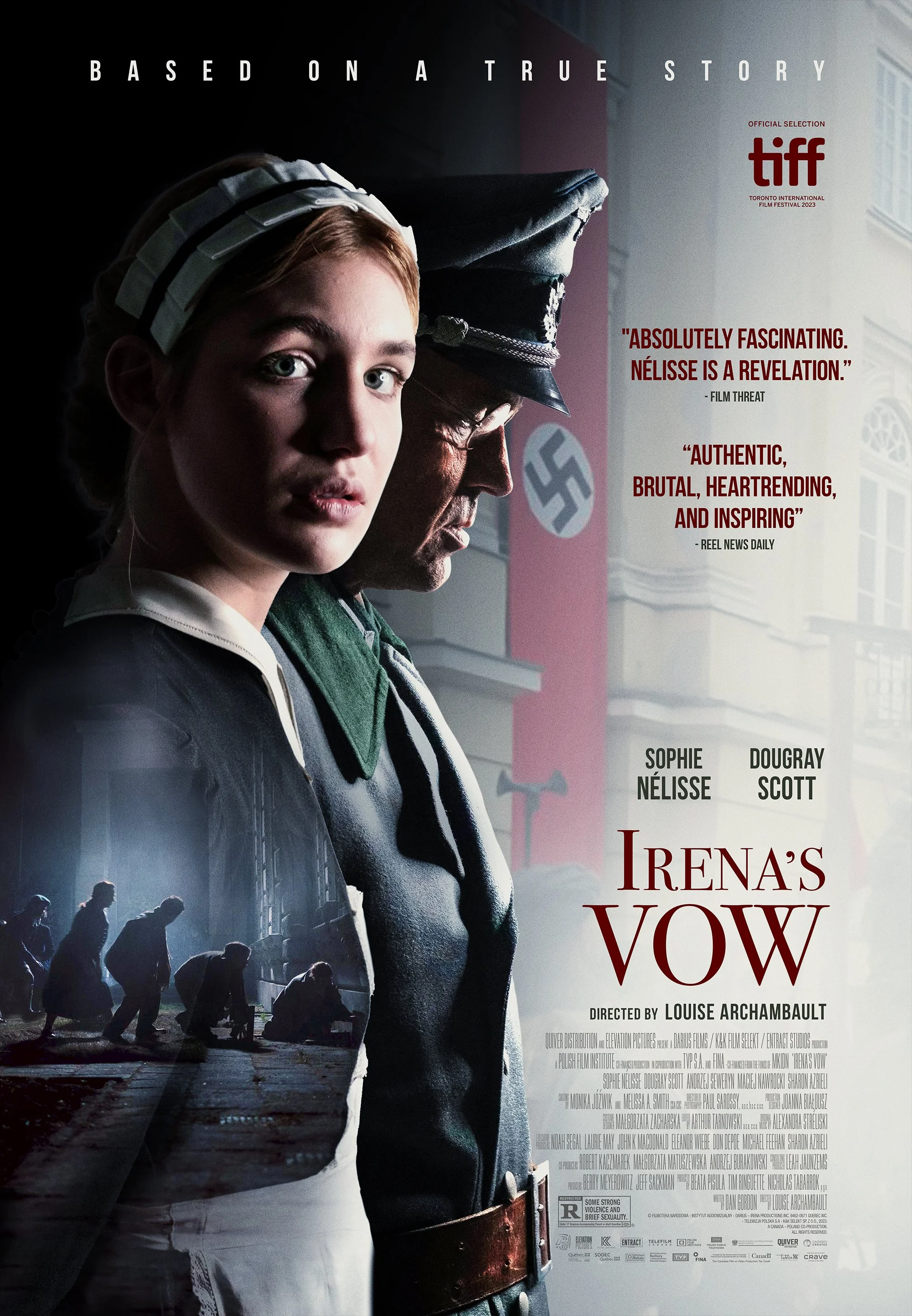 Movie poster for 'Irena's Vow' featuring a woman and a man in WWII Nazi uniform, with a background of soldiers.