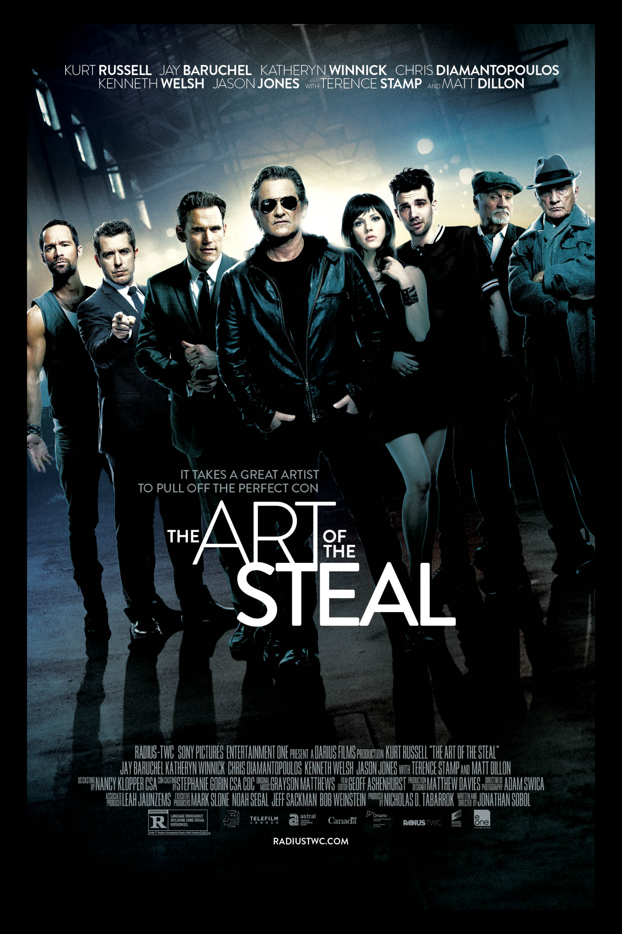 Movie poster for 'The Art of the Steal' featuring a group of individuals standing together with an industrial background.