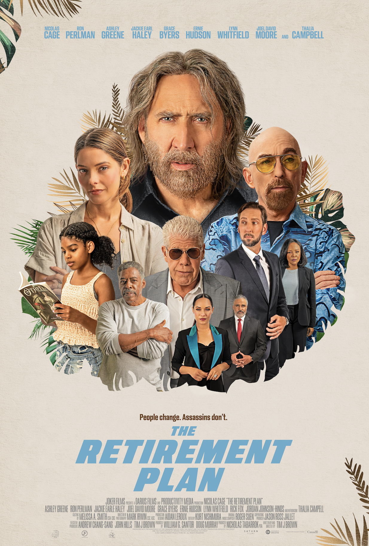 A movie poster for 'The Retirement Plan' featuring actors Nicolas Cage, Ashley Greene, Ron Perlman, Jackie Earle Haley, Grace Byers, Ernie Hudson, Lynn Whitfield, Joel David Moore, Thalia Campbell, and other cast members, with a tagline 'People change. Assassins don't.'