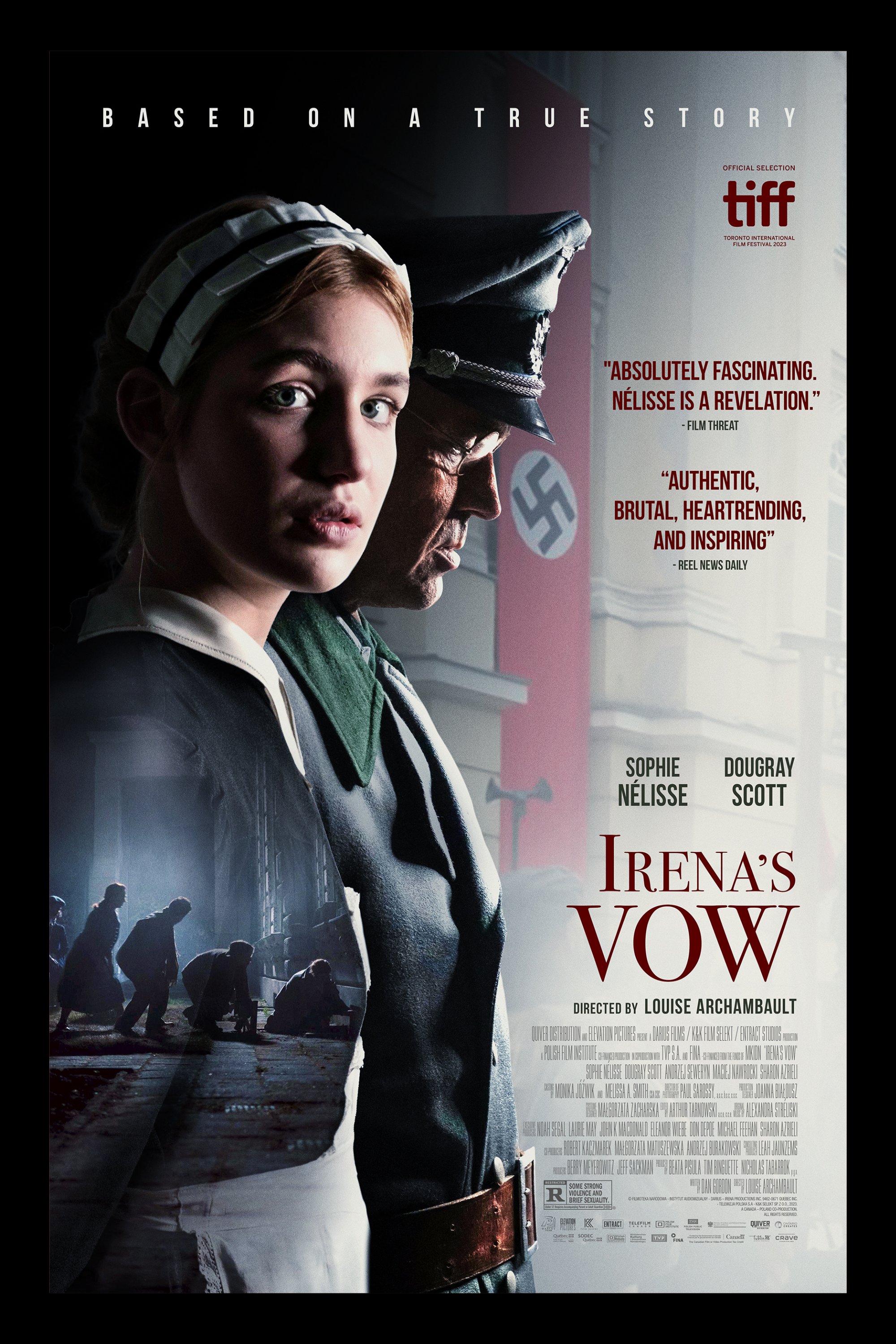 Movie poster for 'Irena's Vow' featuring a woman and a man in WWII Nazi uniform, with a background of soldiers.