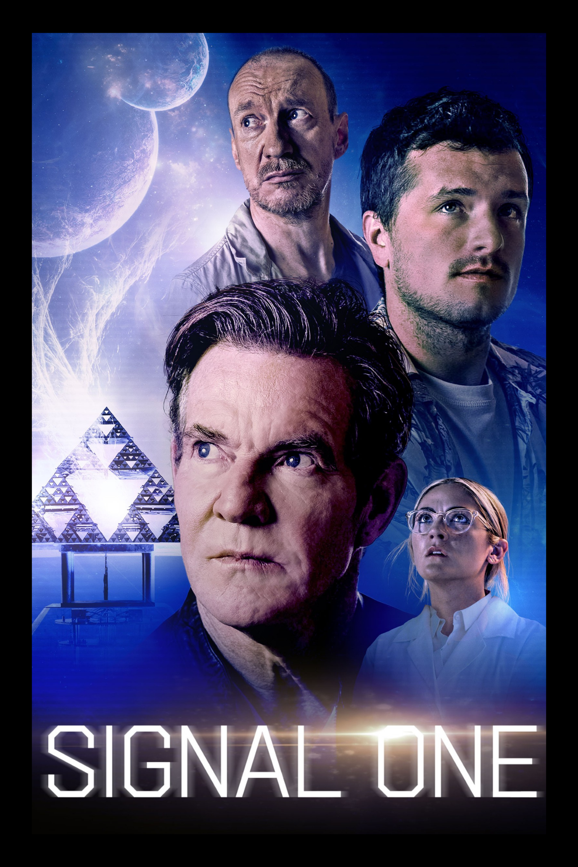 A sci-fi movie poster featuring four characters against a cosmic, blue-toned background with planets and energy-like light patterns. In the foreground, a serious middle-aged man looks off to the side, while behind him are two men and a woman.