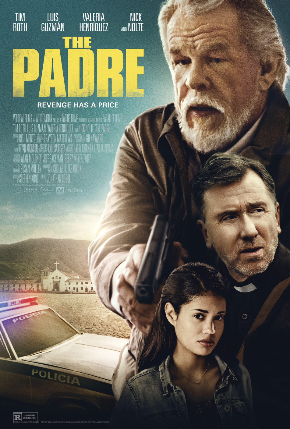 Movie poster for 'The Padre' featuring four characters, a police car, and a church, with the tagline 'Revenge Has a Price'.