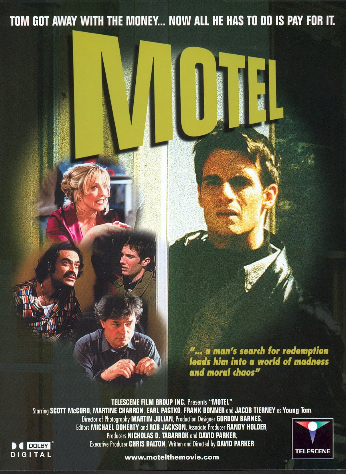 Movie poster for 'Motel' with large title and images of characters, including a man with dark hair and serious expression, a woman with blonde hair, and other characters with varied expressions. Includes text about the film's plot and credits.