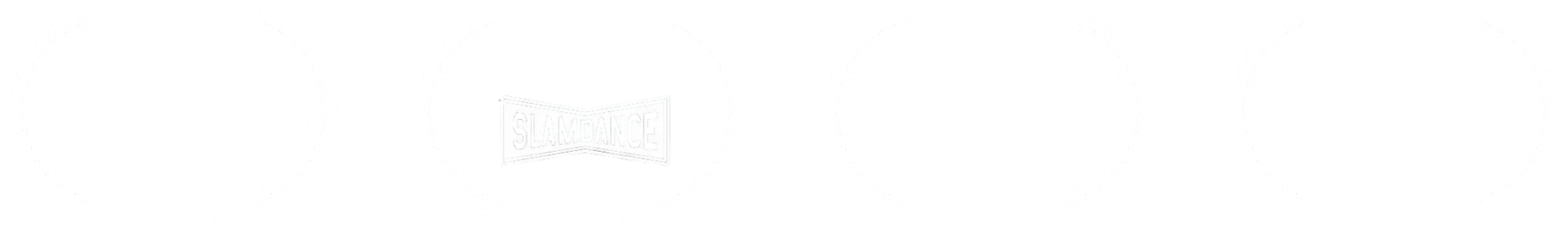 Four black and white laurel wreath logos for film festivals, each with text inside. The first reads 'Official Selection Atlantic Film Festival 2007,' the second 'Official Selection Slamdance 2008,' the third 'Winner Spirit of Independence Award Best Production Ft. Lauderdale Intl Film Festival,' and the fourth 'Official Selection Whistler Film Festival 2007.'
