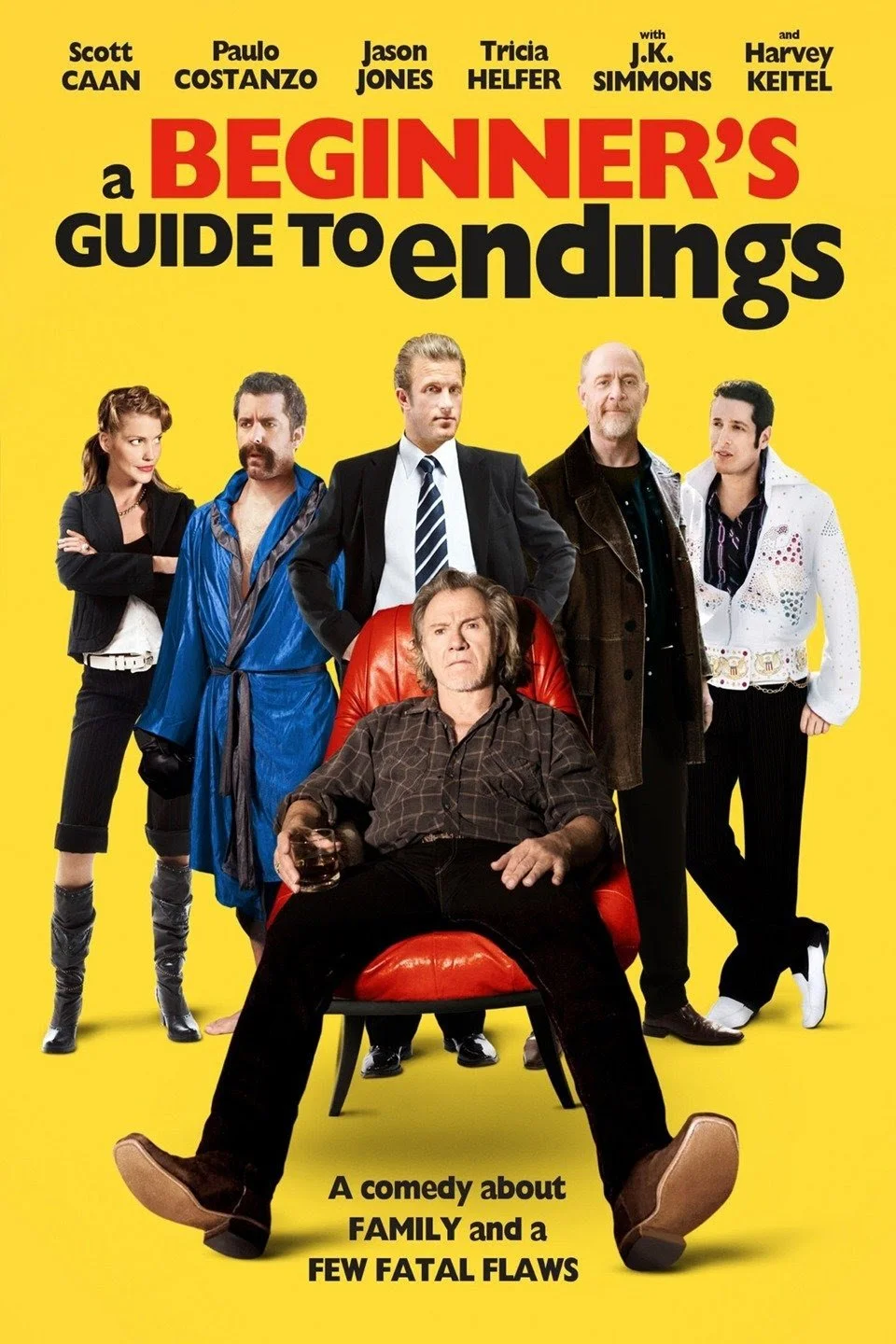 The movie poster for 'A Beginner's Guide to Endings,' featuring a yellow background with seven characters from the film. The central character is sitting in a red chair holding a drink, surrounded by others standing around him. The title is in bold red and black text at the top, with a tagline in smaller black text below.