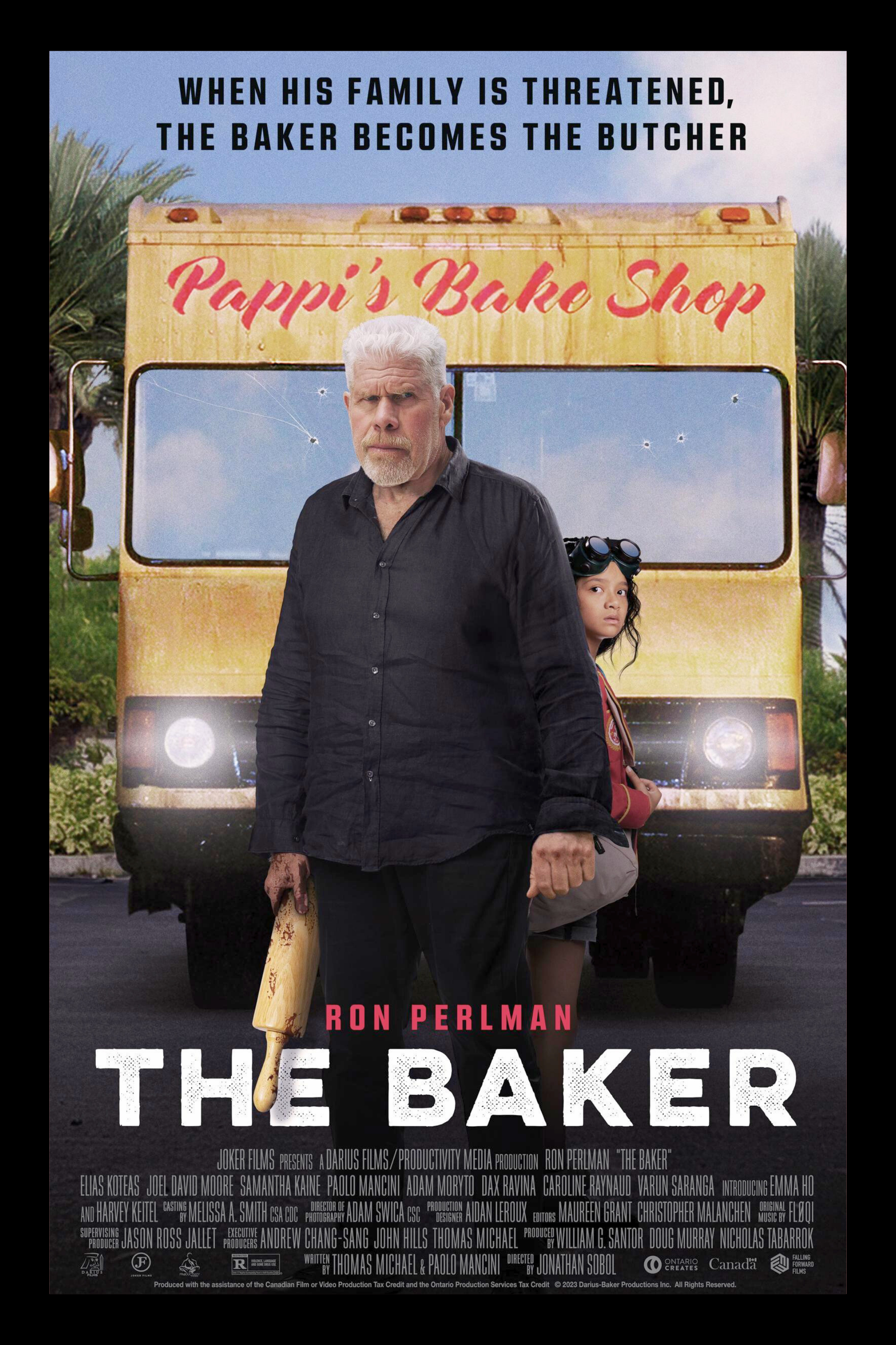 Movie poster for 'The Baker' featuring an elderly man with white hair and beard holding a baseball bat, standing in front of a yellow food truck with cracked windshield and a young girl with goggles on her head, wearing a maroon jacket, looking to the side.