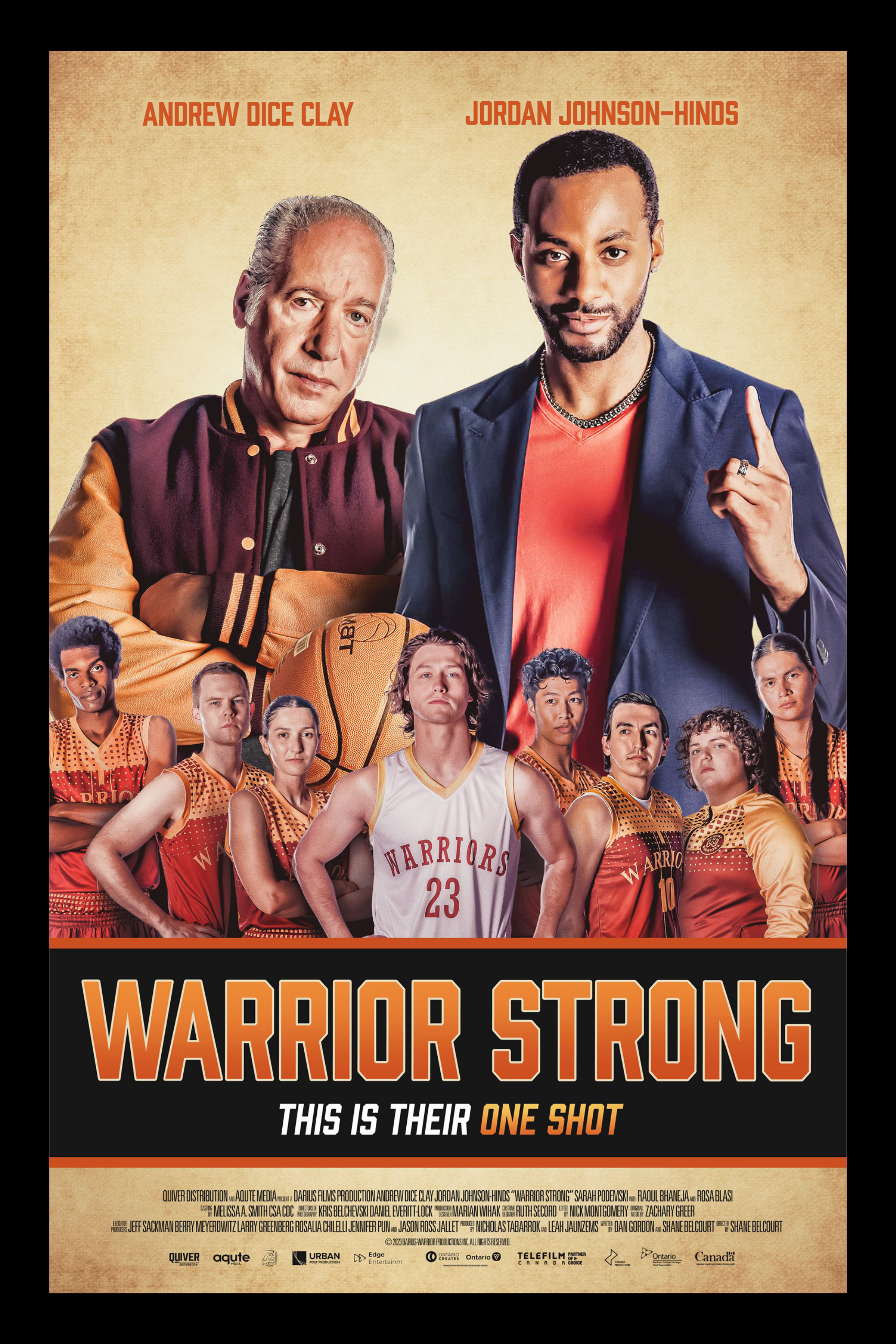 Poster for the movie Warrior Strong featuring Andrew Dice Clay and Jordan Johnson-Hinds, with a basketball team of young players in orange uniforms, and the title in bold orange letters.