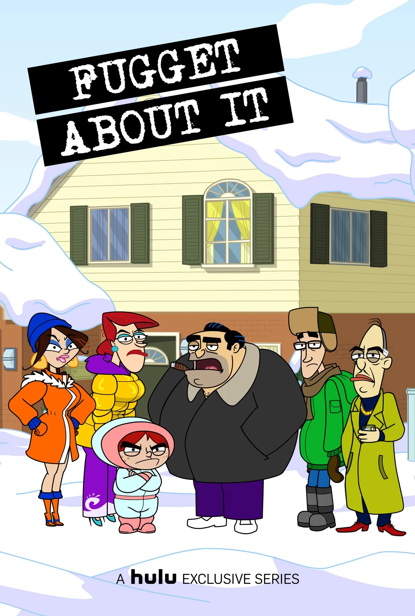 Animated group of characters standing in front of a house in a snowy setting with a sign that says 'Puggert About It' and a logo indicating a Hulu exclusive series.