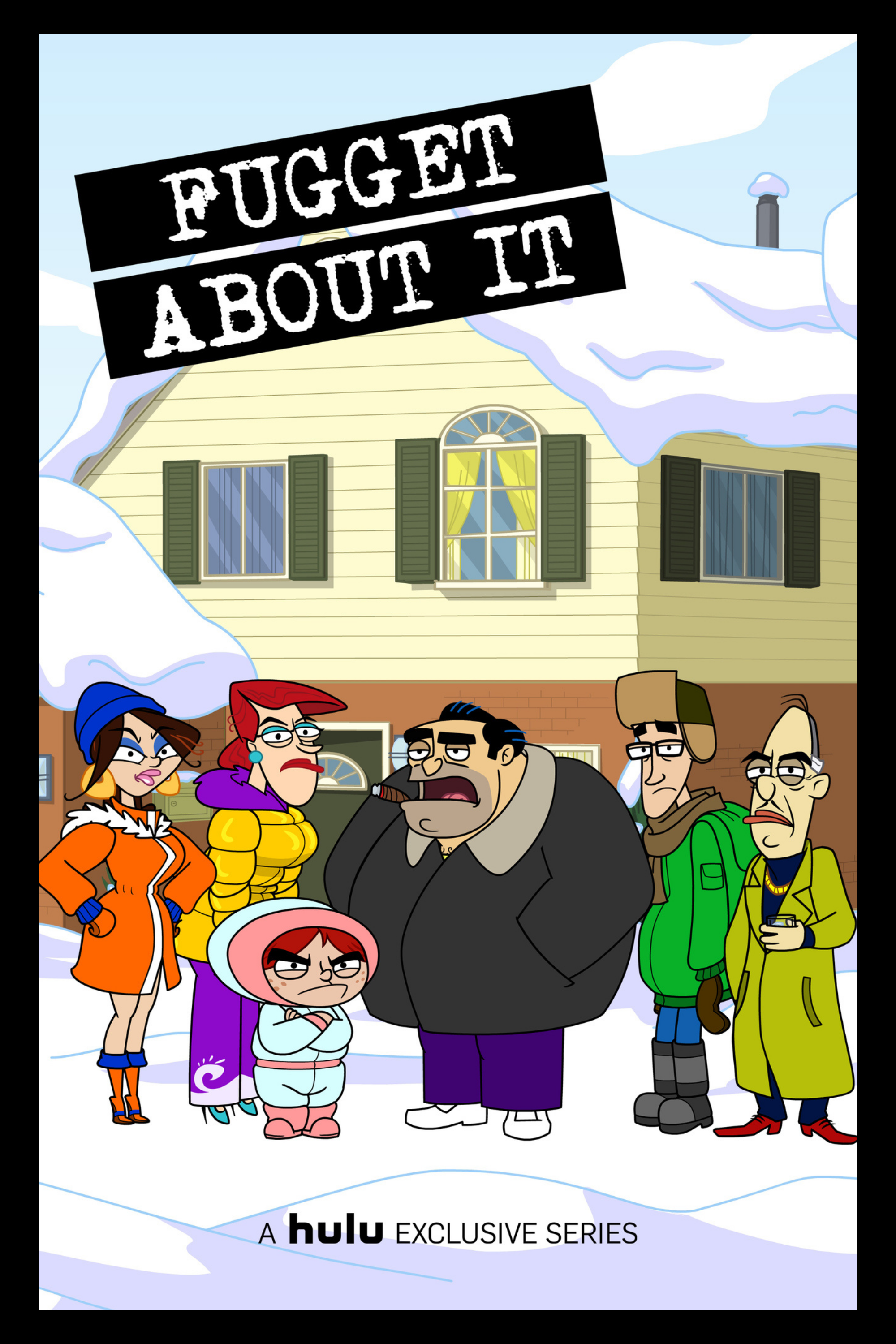 Animated group of characters standing in front of a house in a snowy setting with a sign that says 'Puggert About It' and a logo indicating a Hulu exclusive series.