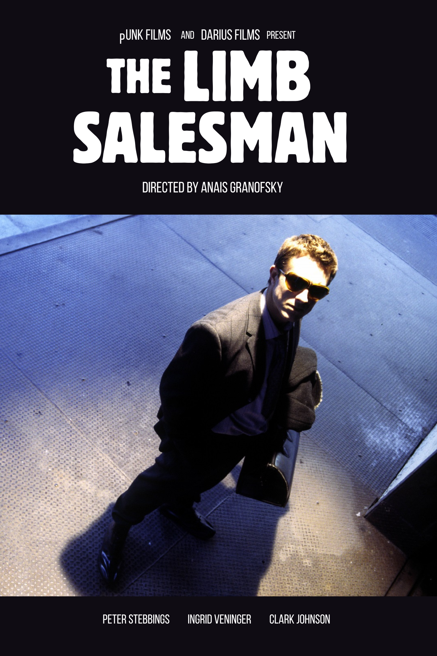 Movie poster for The Limb Salesman with a man in sunglasses carrying a briefcase, standing on a textured surface.