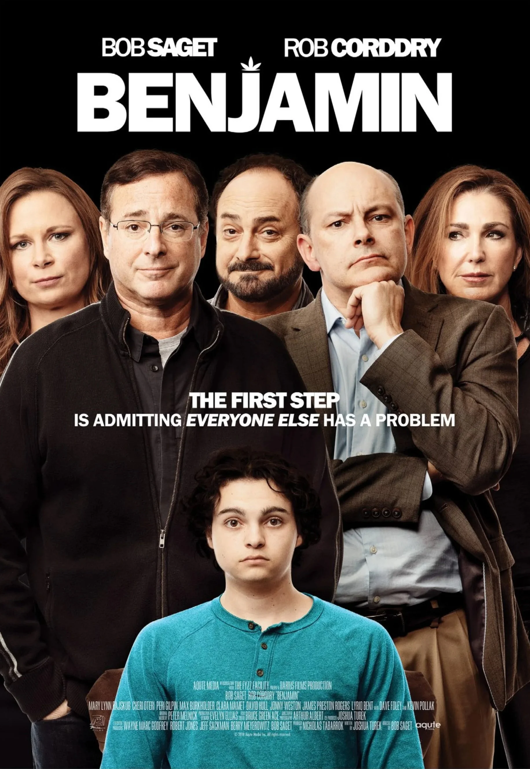 Movie poster for 'Benjamin' showing five adults in the background and a young boy in the foreground, with the tagline 'The first step is admitting everyone else has a problem'.