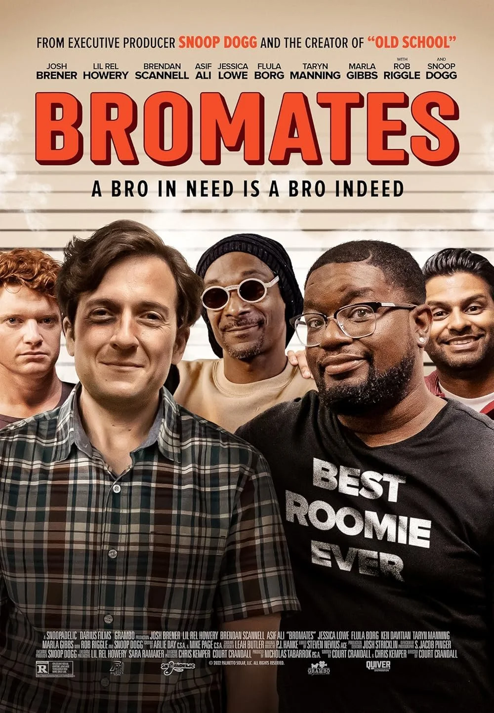 Movie poster for "Bromates" featuring five diverse men, one wearing a plaid shirt, another with glasses and a shaved head, and one wearing a T-shirt that says "Best Roomie Ever." The background resembles a police lineup with height lines.