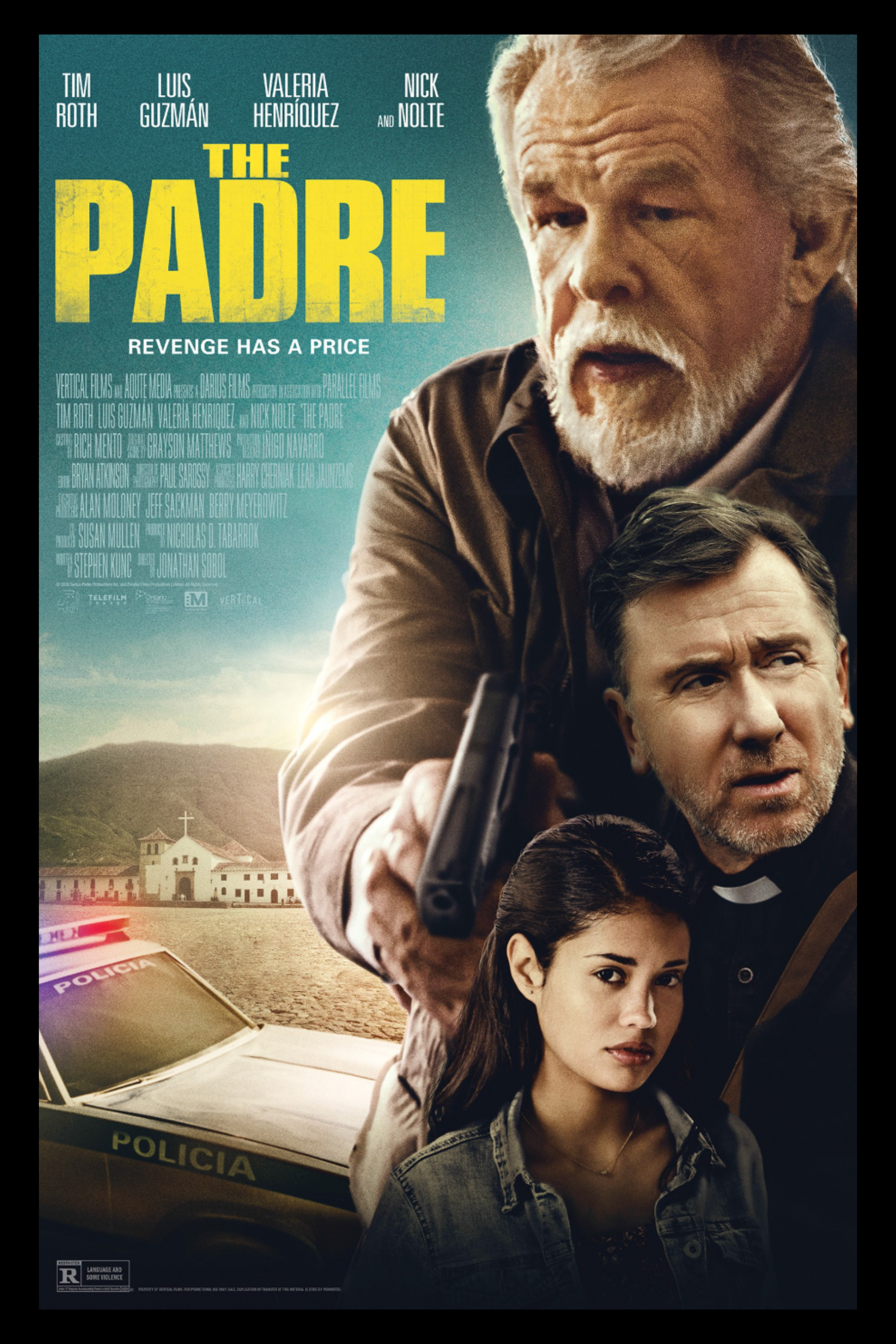 Movie poster for 'The Padre' featuring four characters, a police car, and a church, with the tagline 'Revenge Has a Price'.