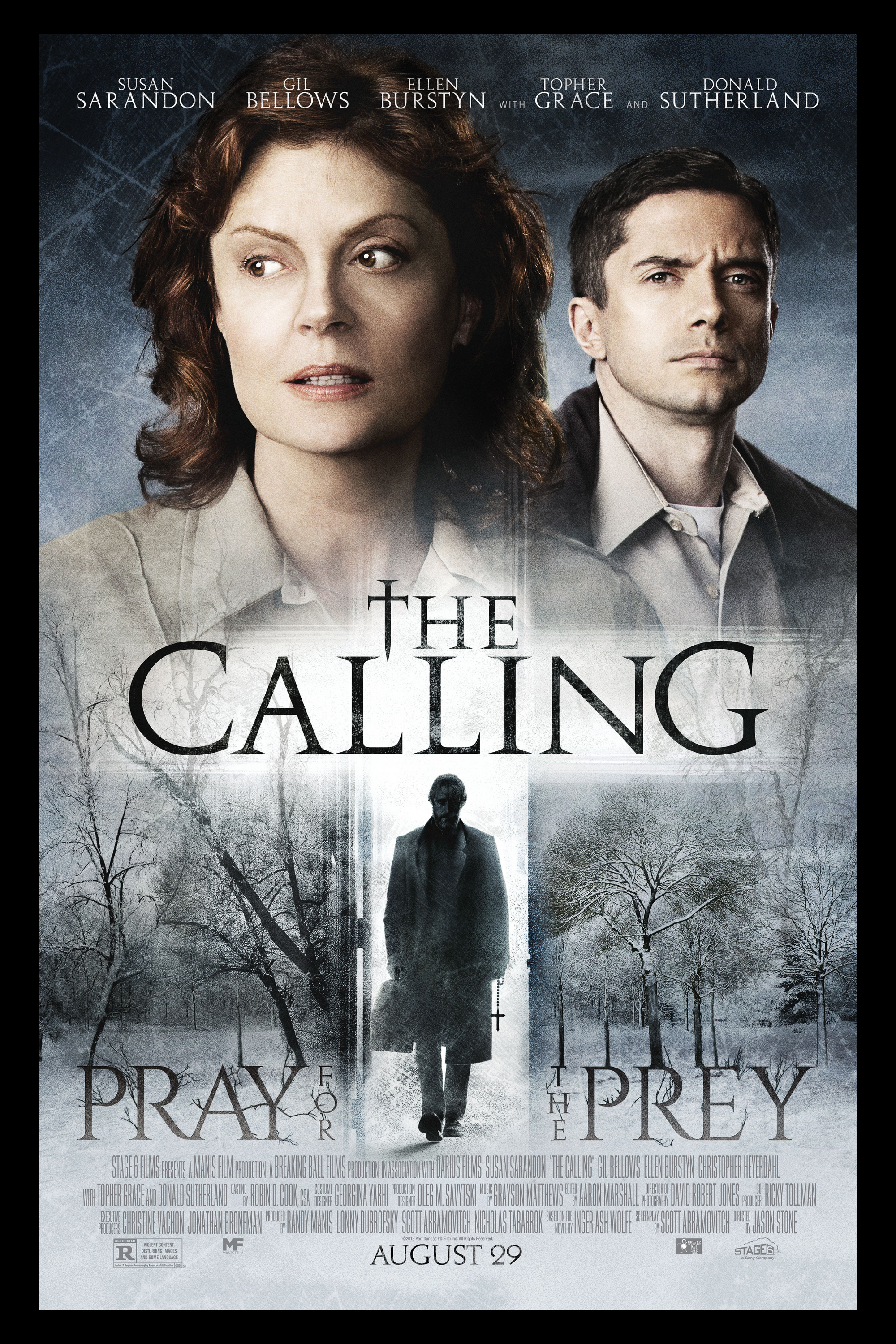 Movie poster for 'The Calling' featuring images of Susan Sarandon and Topher Grace, with a dark, eerie background of snow-covered trees and a shadowy figure in a coat. The title is prominently displayed in the center.