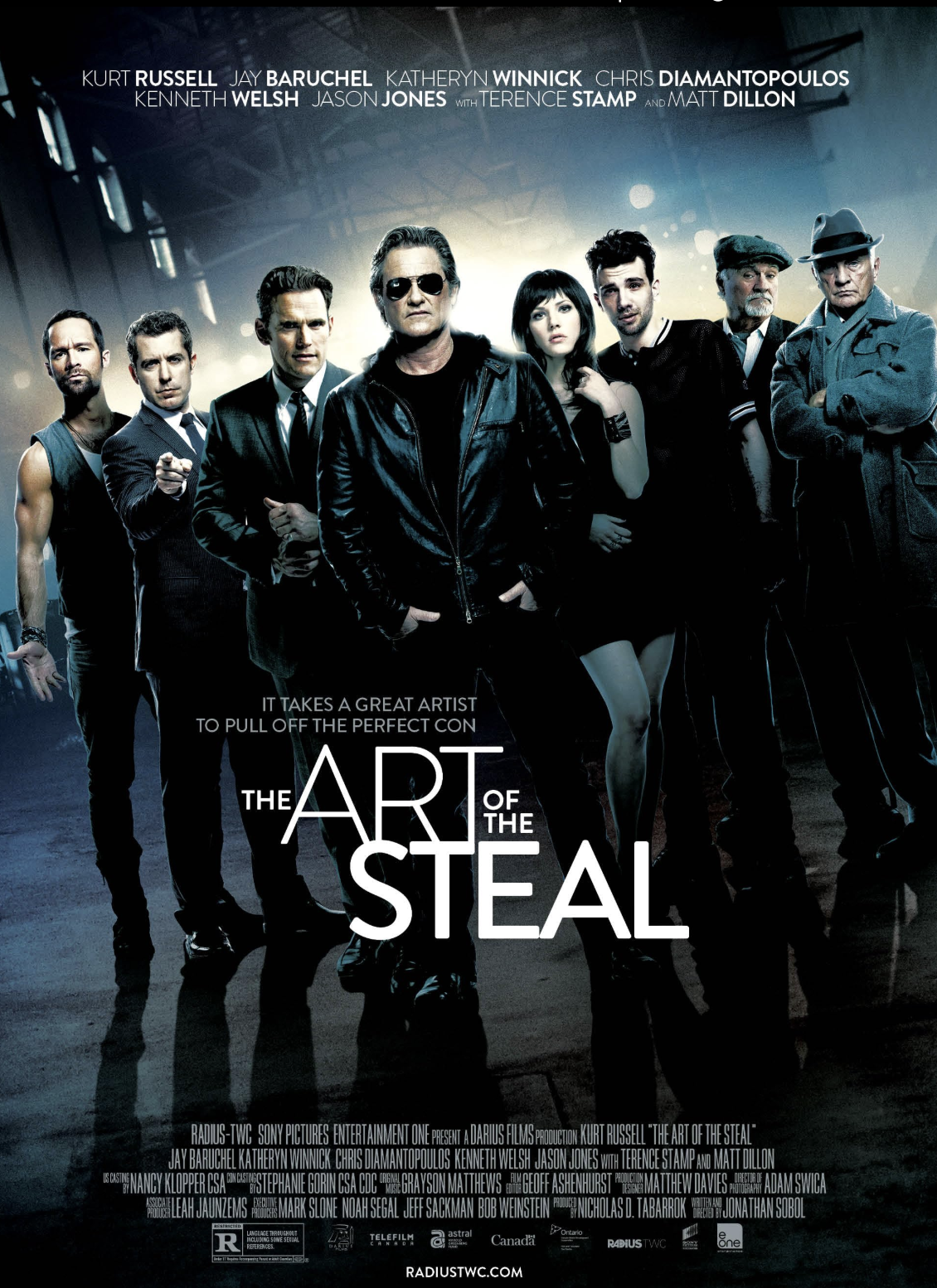Movie poster for 'The Art of the Steal' featuring a group of individuals standing together with an industrial background.