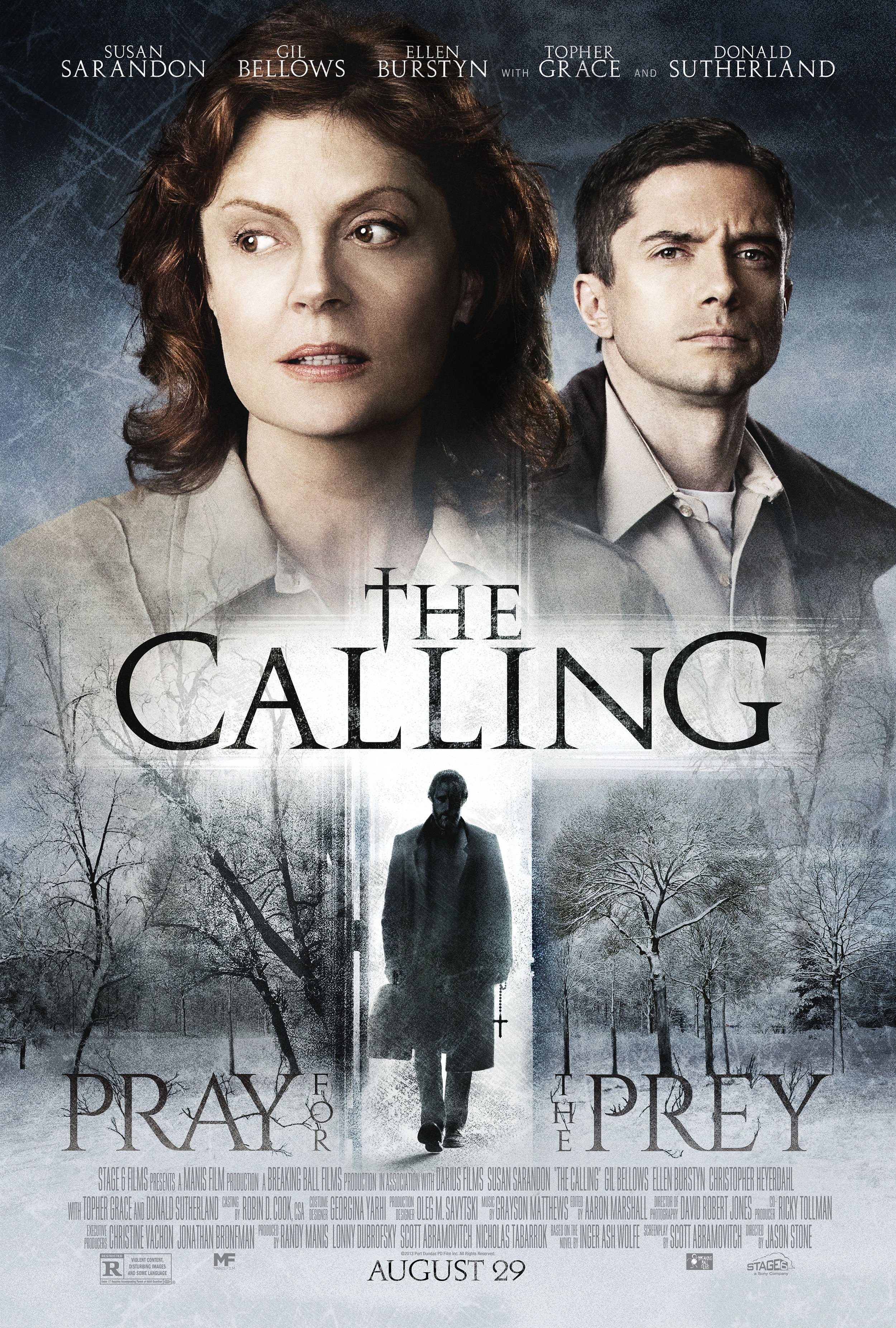 Movie poster for 'The Calling' featuring images of Susan Sarandon and Topher Grace, with a dark, eerie background of snow-covered trees and a shadowy figure in a coat. The title is prominently displayed in the center.