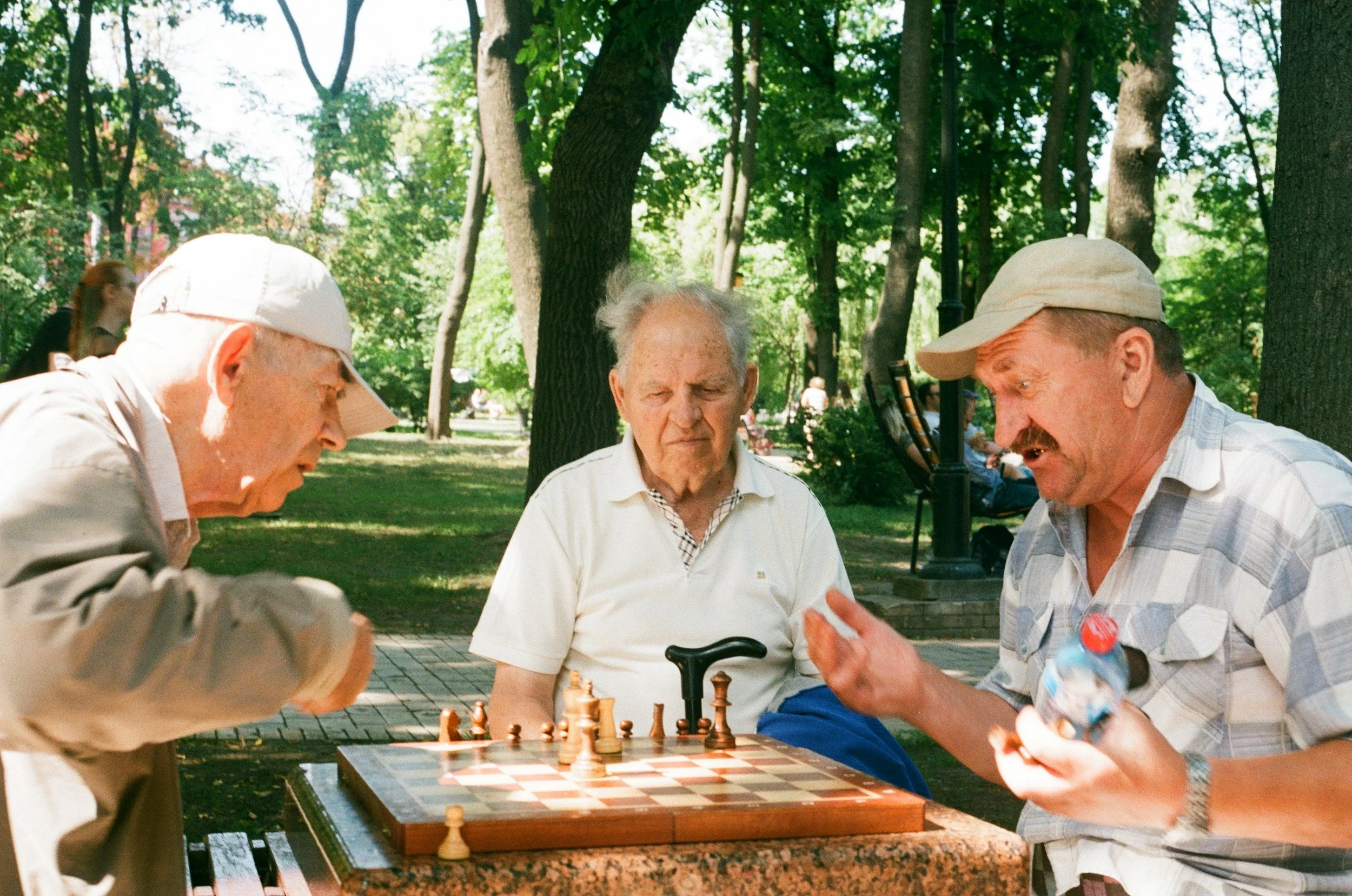 Three elderly men playing chess outdoors in a park, two of them engaged in a conversation while the third watches, on a sunny day among tall trees and other park visitors.