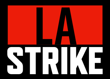 Graphic with the word 'LA' in black letters on a red background and 'STRIKE' in white on a black background