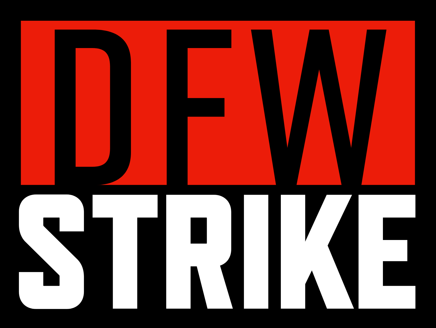 Graphic with the word 'DFW' in black letters on a red background and 'STRIKE' in white on a black background
