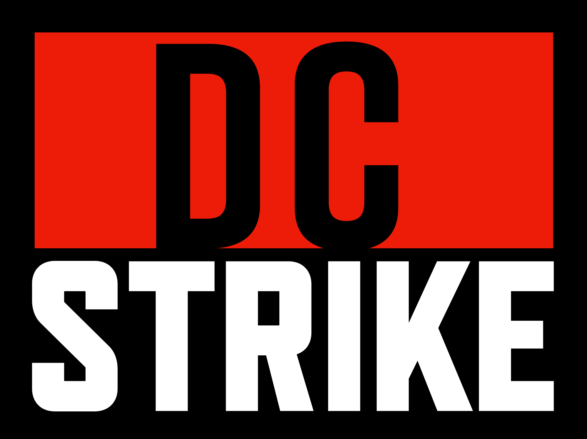 Graphic with the word 'DC' in black letters on a red background and 'STRIKE' in white on a black background