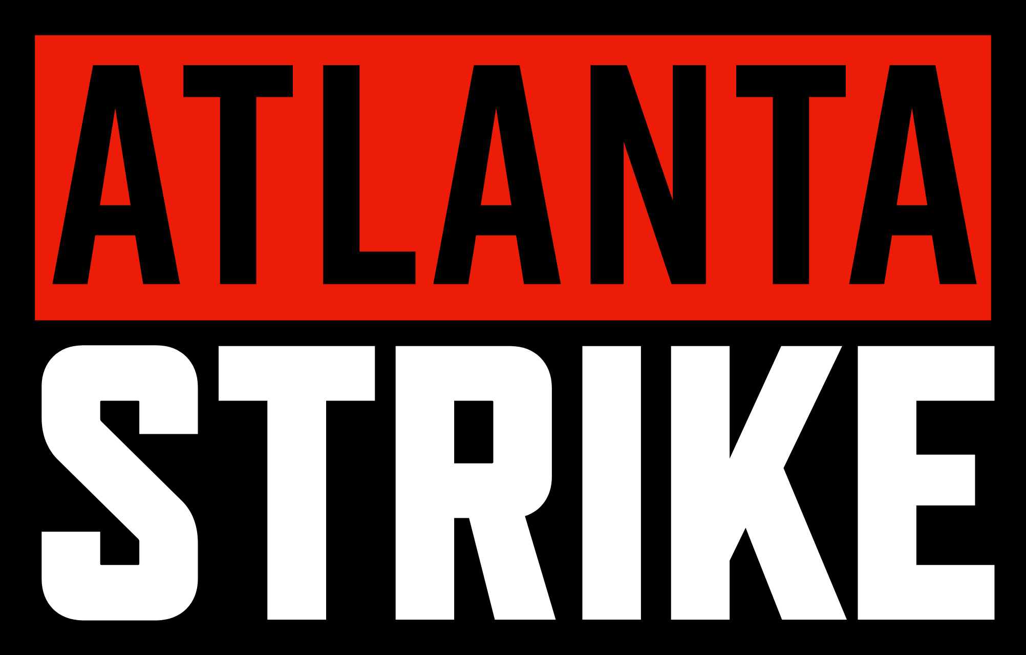 Graphic with the word 'ATLANTA' in black letters on a red background and 'STRIKE' in white on a black background