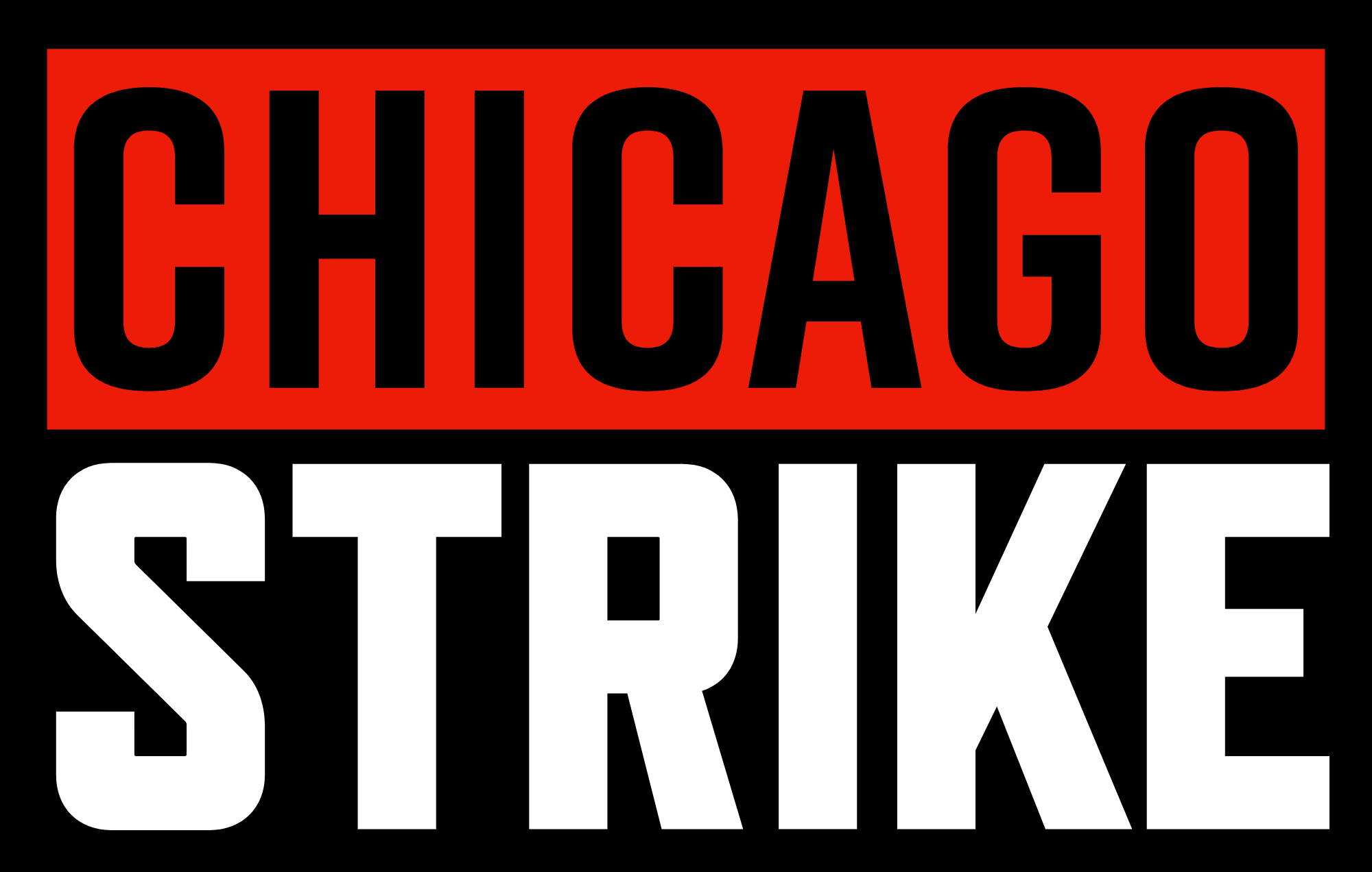 Graphic with the word 'CHICAGO' in black letters on a red background and 'STRIKE' in white on a black background