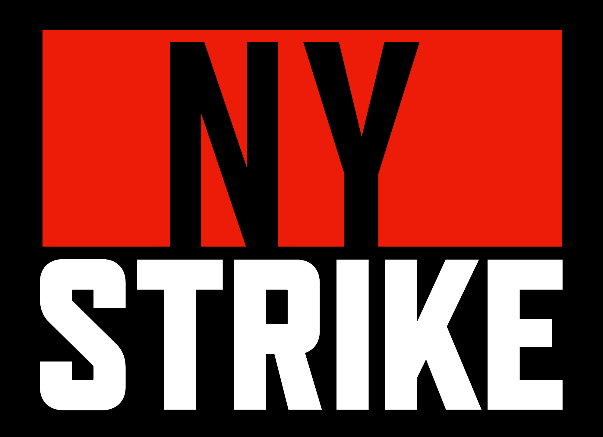 Graphic with the word 'NY' in black letters on a red background and 'STRIKE' in white on a black background