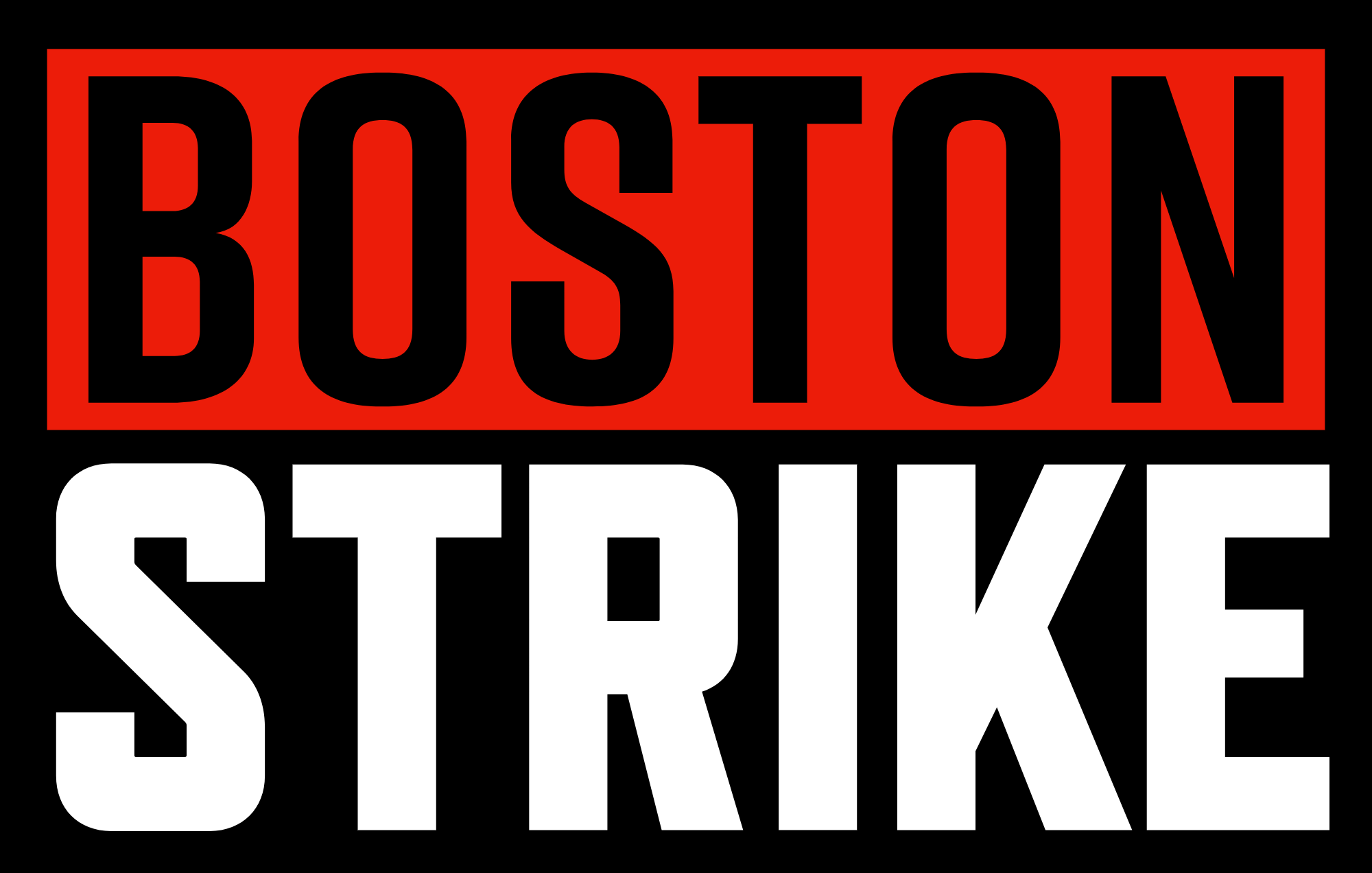 Graphic with the word 'BOSTON' in black letters on a red background and 'STRIKE' in white on a black background