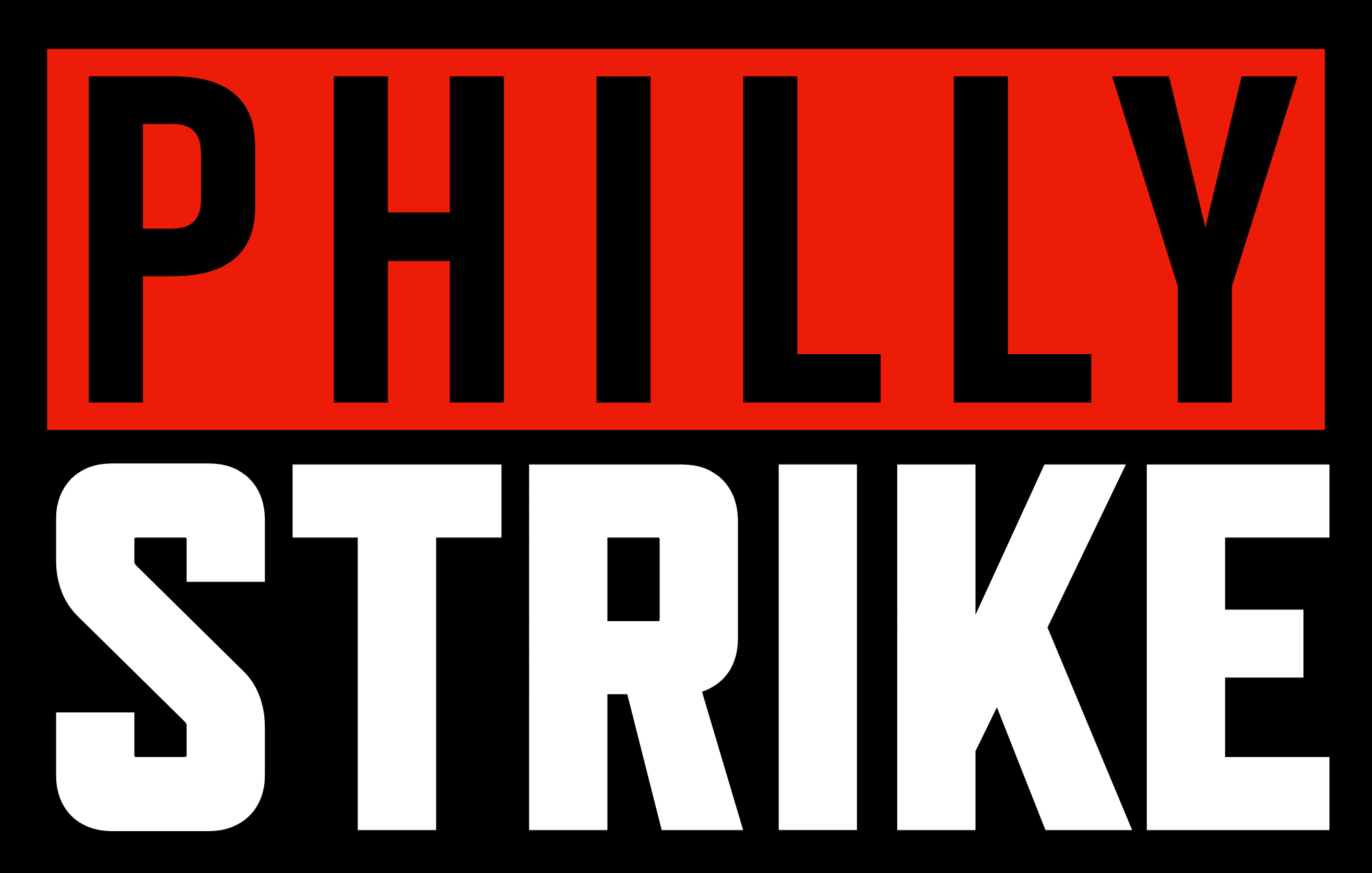 Graphic with the word 'PHILLY' in black letters on a red background and 'STRIKE' in white on a black background.