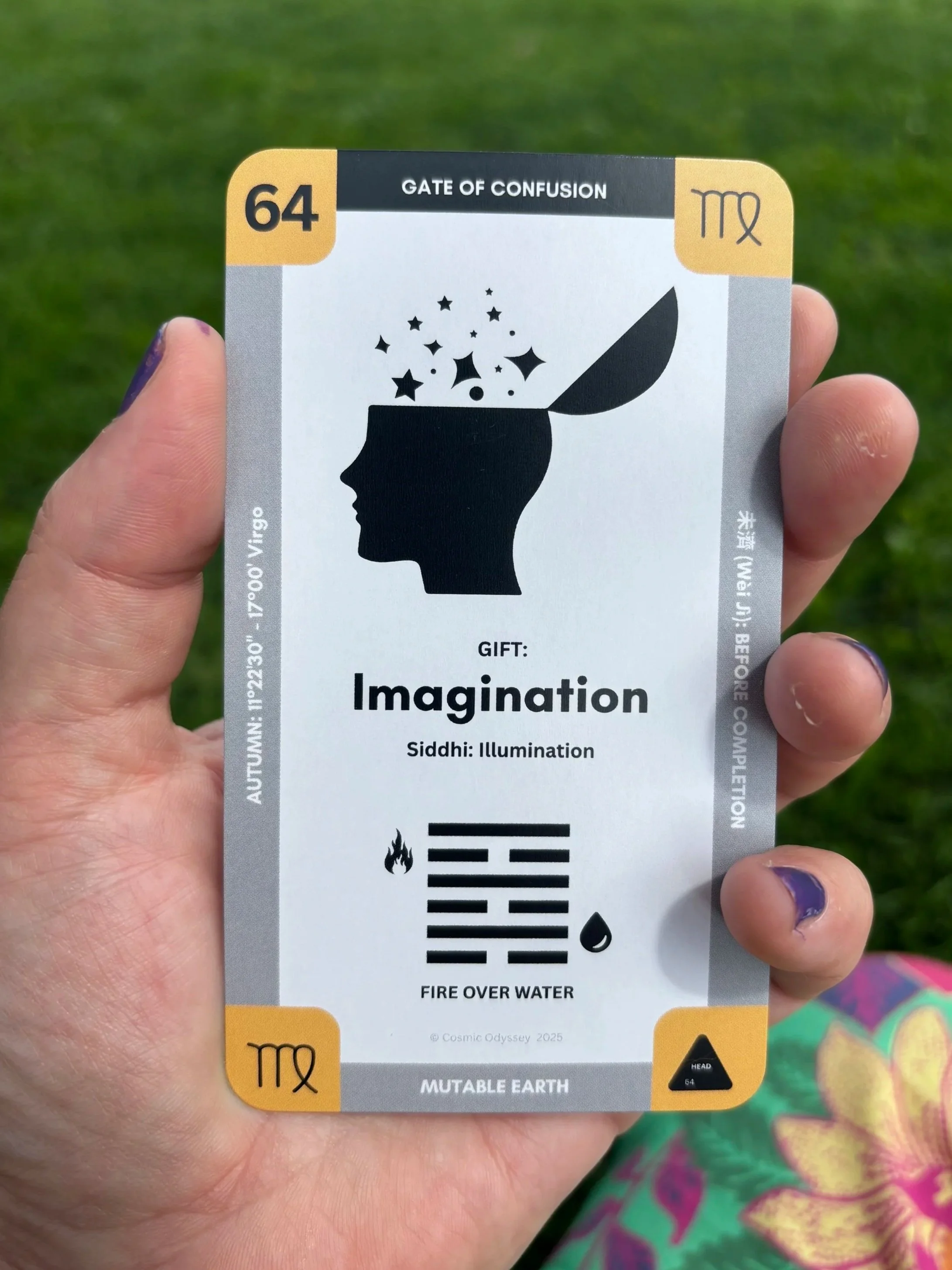 A card titled 'Gate of Confusion' with the number 64, symbols for Virgo, and images representing imagination, illumination, fire over water, and mutable earth, held outdoors with green grass in the background.