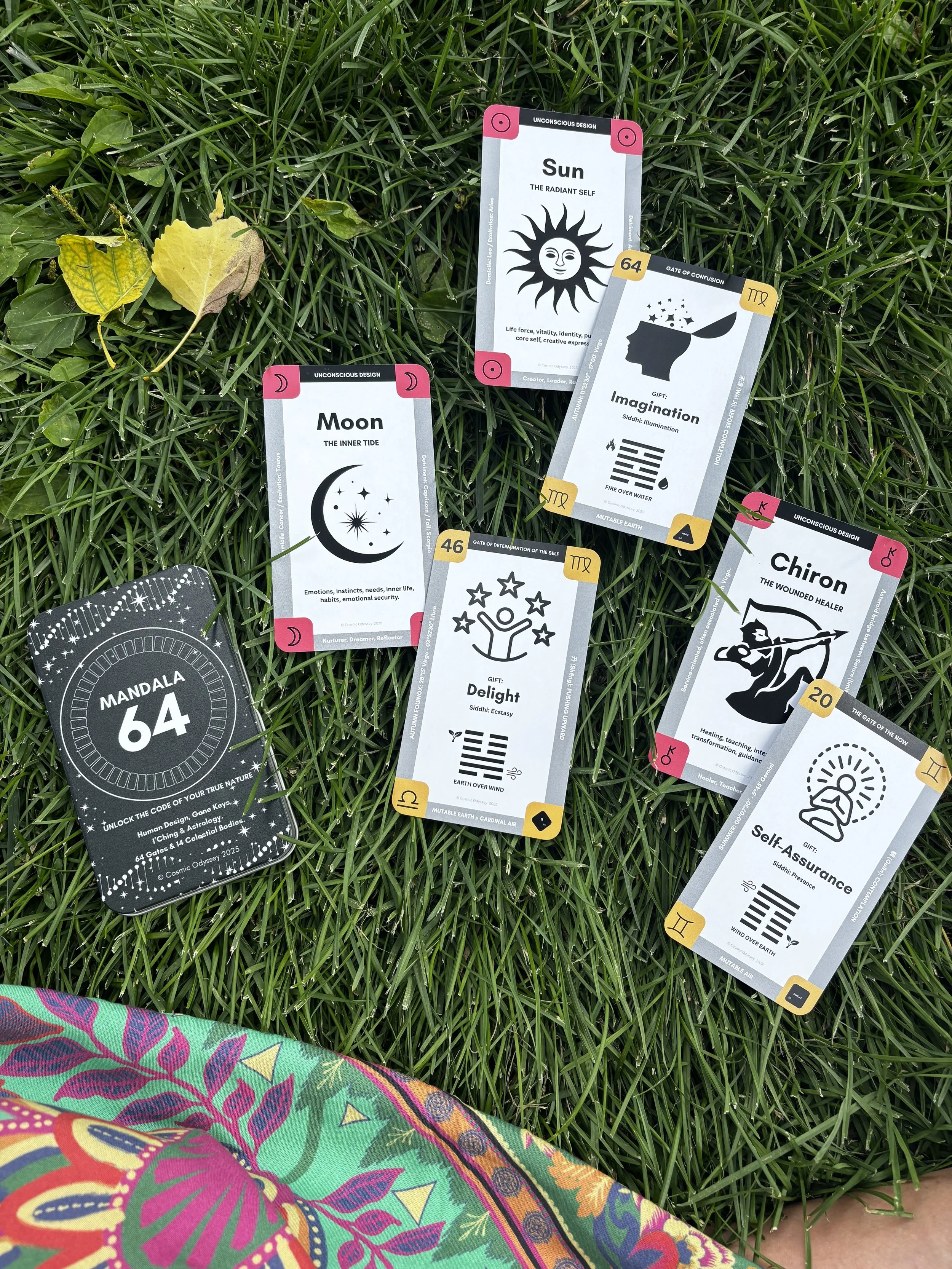 Several tarot or oracle cards are laid out on green grass. The cards feature symbols and names such as Sun, Moon, Imagination, Chiron, Delight, and Self-Assurance. A decorative card with the number 64 is also present.