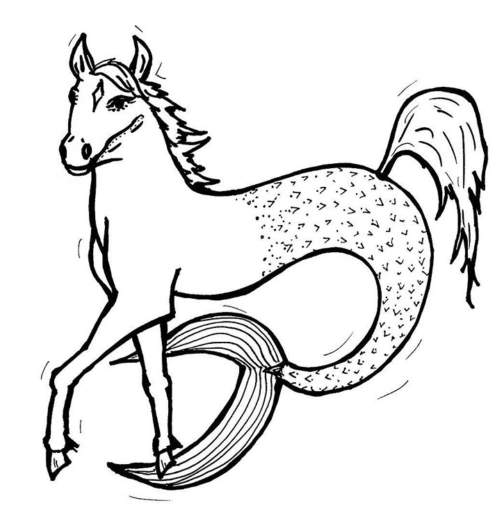 Black and white drawing of a mythical creature combining a horse and a mermaid, with a horse's head, front legs, and upper body, but a mermaid's tail instead of hind legs.