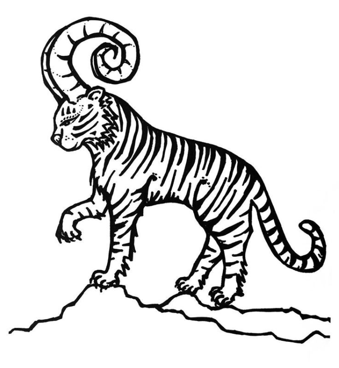 Black and white drawing of a tiger with tiger stripes, standing on a rock with a large, curled horn on its head.