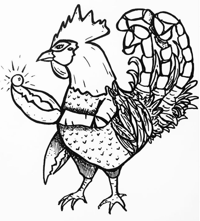 Line drawing of a creature with the body of a rooster and the tail of a peacock, holding a glowing ball in one claw.