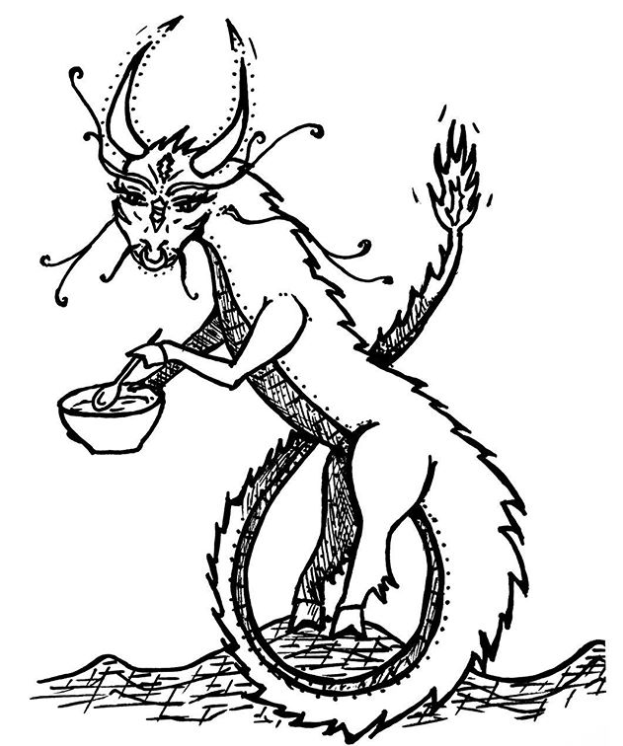 Black and white drawing of a mythical creature with the body of a squirrel, the head of a deer with antlers, and tentacle-like appendages, holding a bowl and spoon.