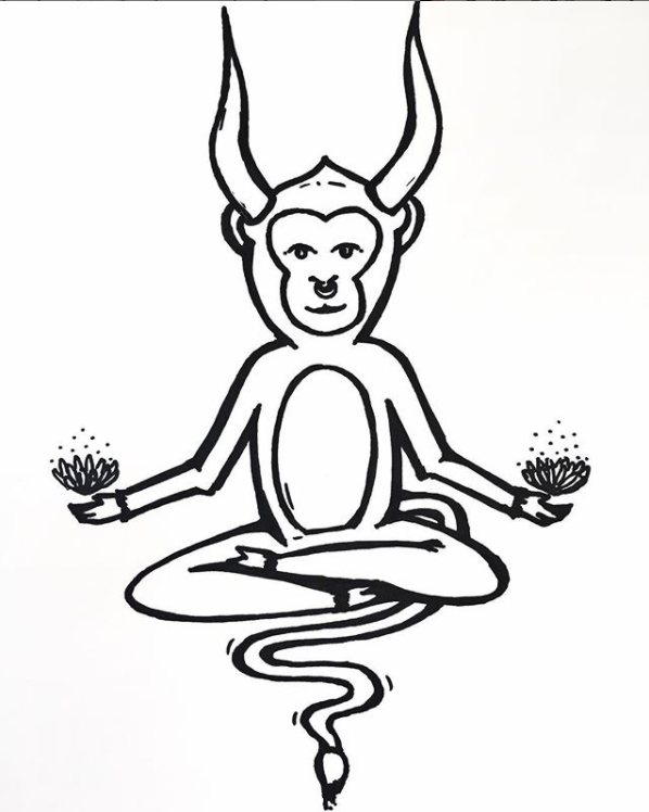 Line drawing of a hybrid creature with a human face, antelope horns, monkey body, and a lion tail, sitting in a lotus position, holding lotus flowers with both hands.